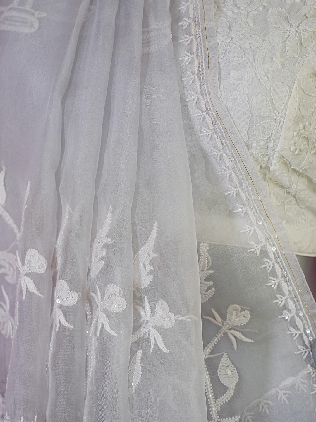 Ada Hand Embroidered Grey Organza Lucknowi Chikankari Saree and Blouse With Sequinned Work 01A591691