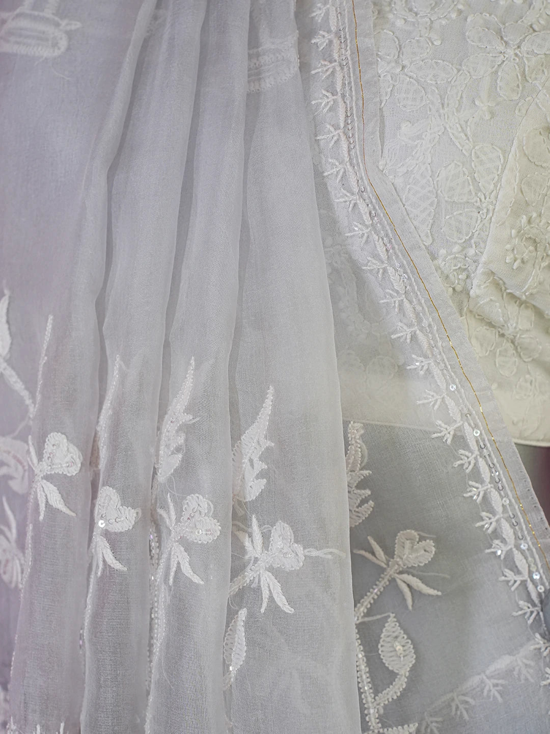 Ada Hand Embroidered Grey Organza Lucknowi Chikankari Saree and Blouse With Sequinned Work 01A591691
