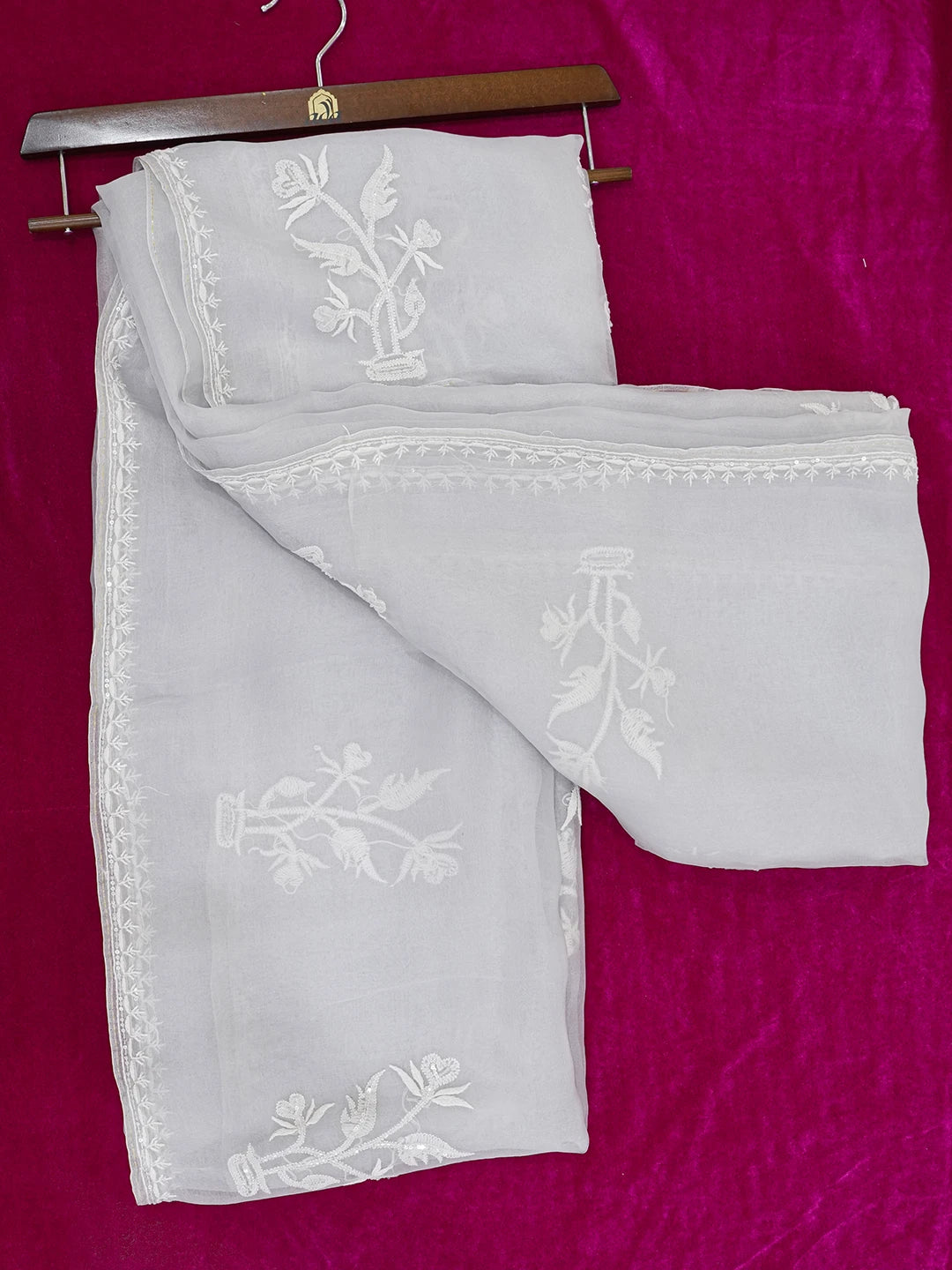 Ada Hand Embroidered Grey Organza Lucknowi Chikankari Saree and Blouse With Sequinned Work 01A591691