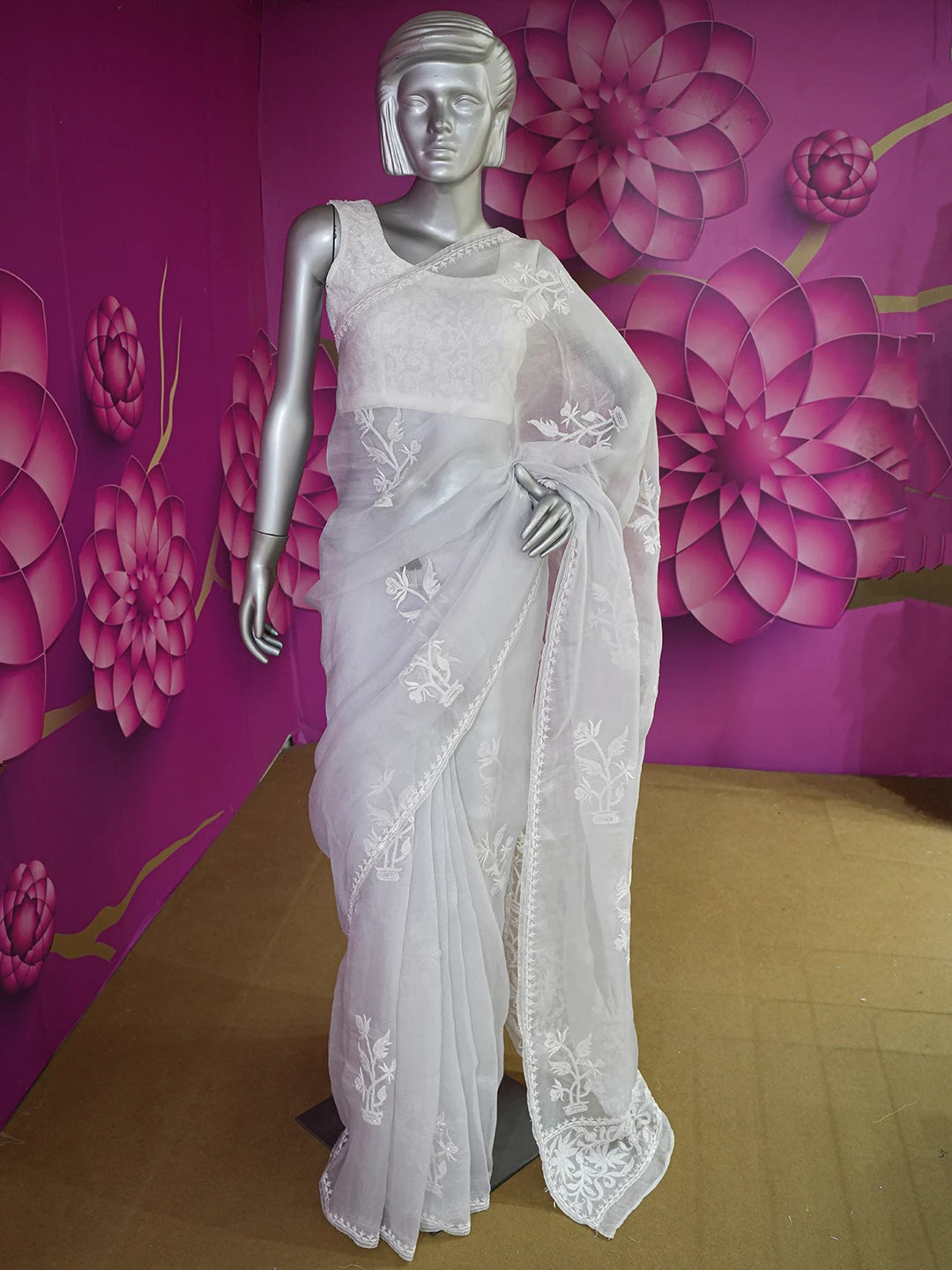 Ada Hand Embroidered Grey Organza Lucknowi Chikankari Saree and Blouse With Sequinned Work 01A591691