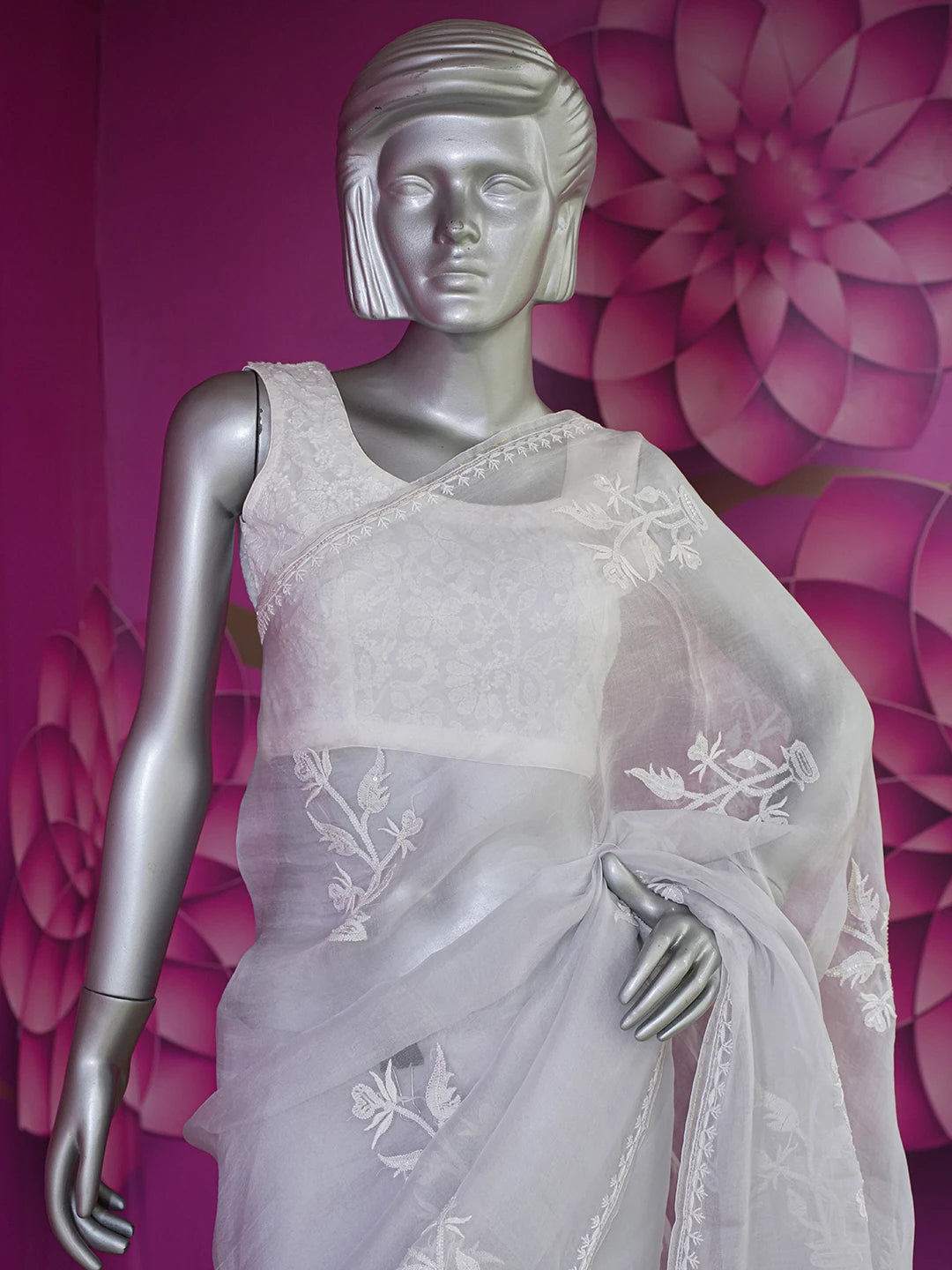 Ada Hand Embroidered Grey Organza Lucknowi Chikankari Saree and Blouse With Sequinned Work 01A591691