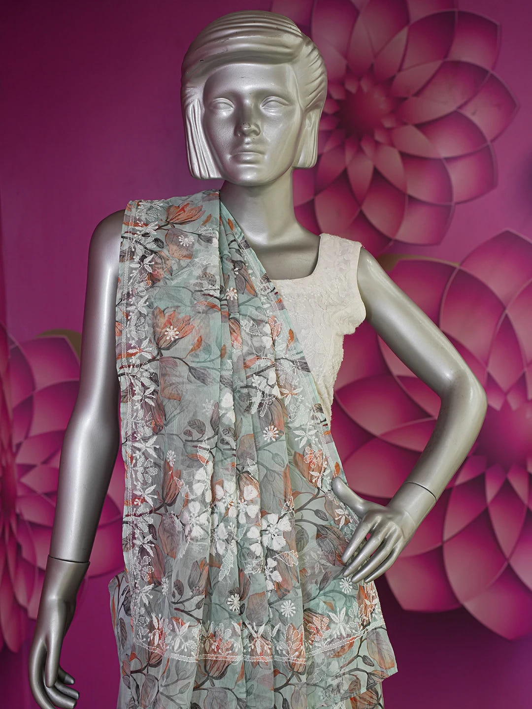 Ada Hand Embroidered Sea Green Organza Floral Printed Lucknowi Chikankari Saree and Blouse 01A621168