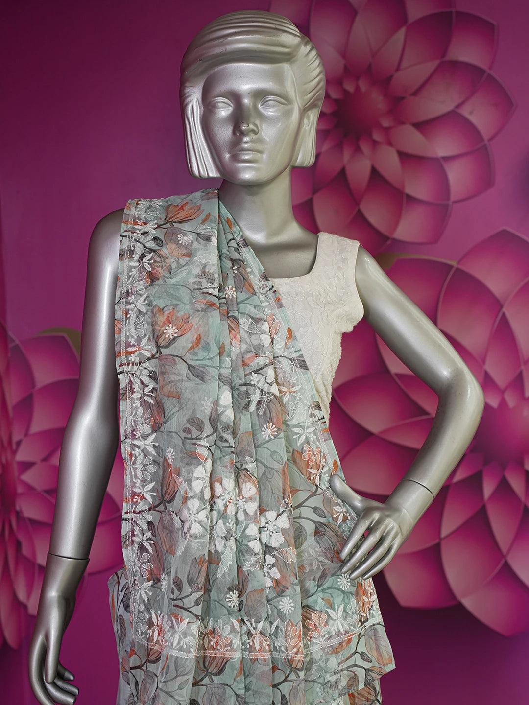 Ada Hand Embroidered Sea Green Organza Floral Printed Lucknowi Chikankari Saree and Blouse 01A621168