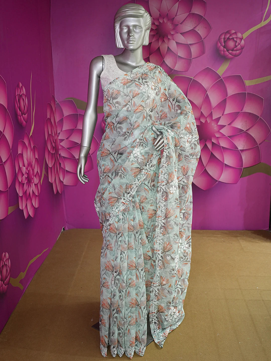 Ada Hand Embroidered Sea Green Organza Floral Printed Lucknowi Chikankari Saree and Blouse 01A621168