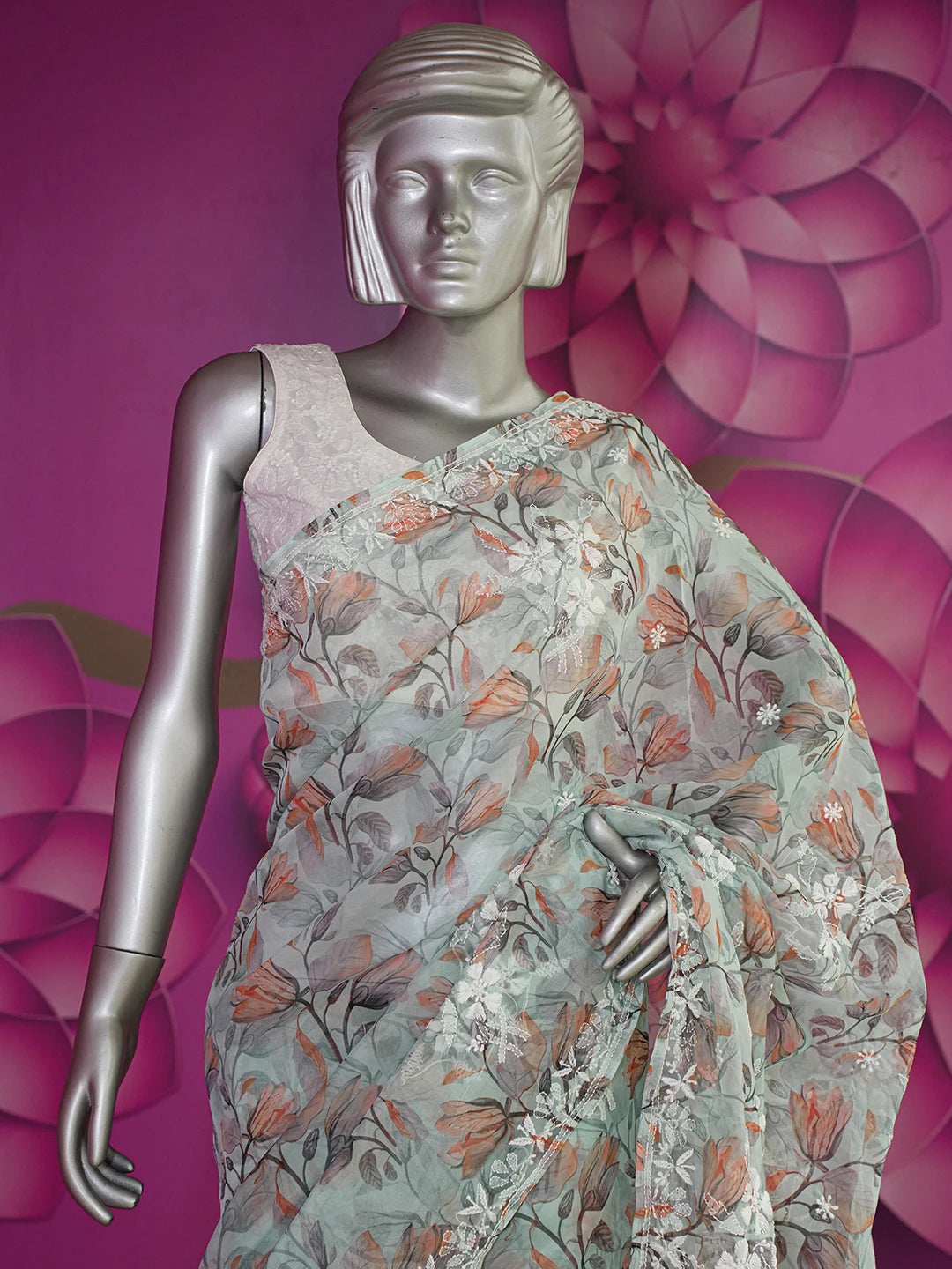 Ada Hand Embroidered Sea Green Organza Floral Printed Lucknowi Chikankari Saree and Blouse 01A621168