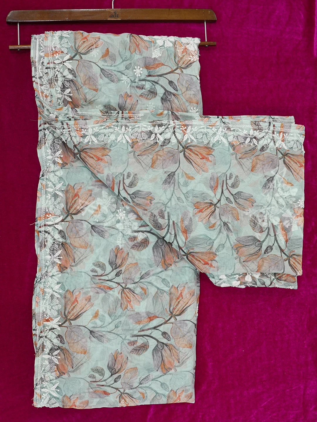 Ada Hand Embroidered Sea Green Organza Floral Printed Lucknowi Chikankari Saree and Blouse 01A621168