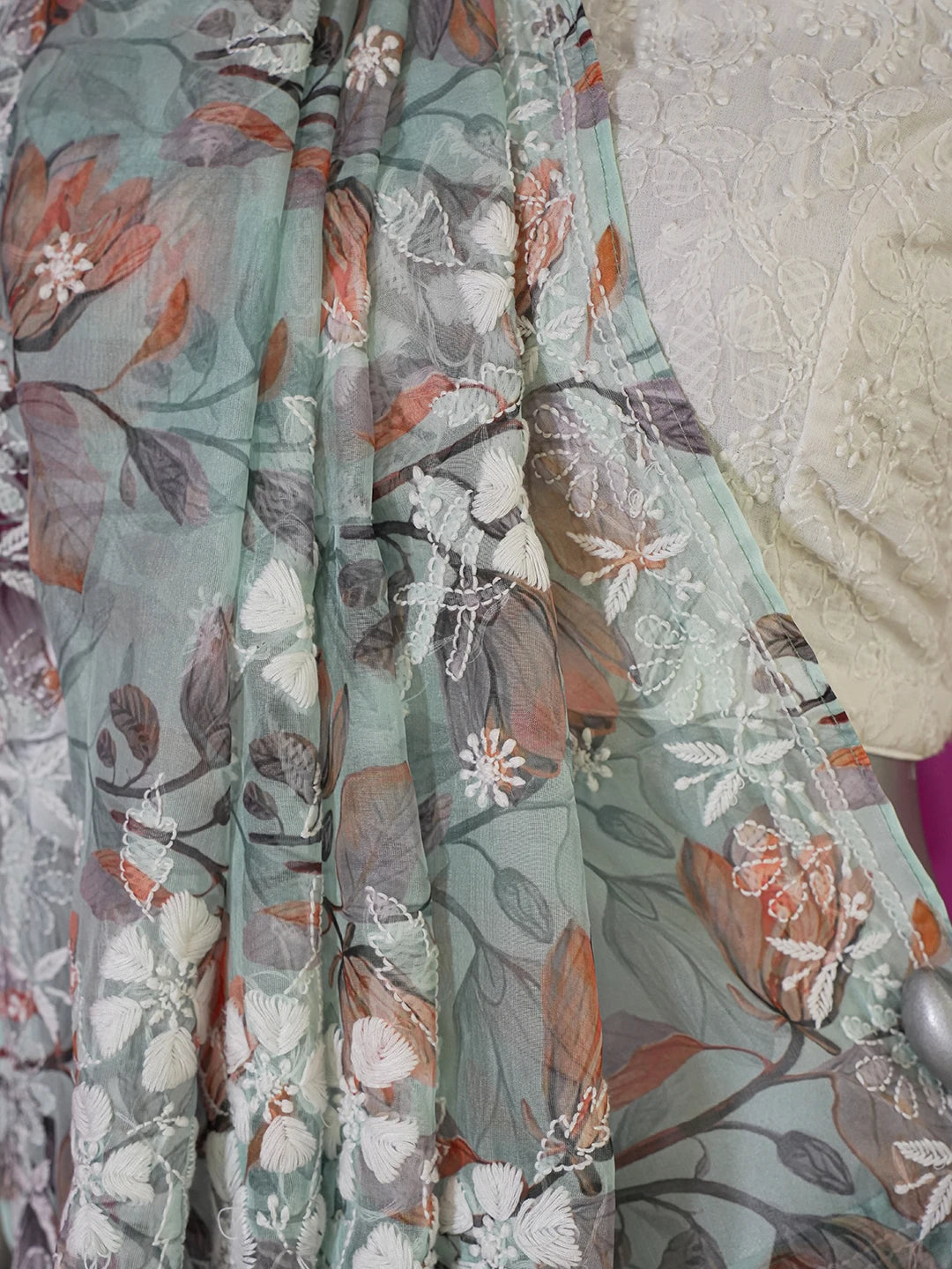 Ada Hand Embroidered Sea Green Organza Floral Printed Lucknowi Chikankari Saree and Blouse 01A621168