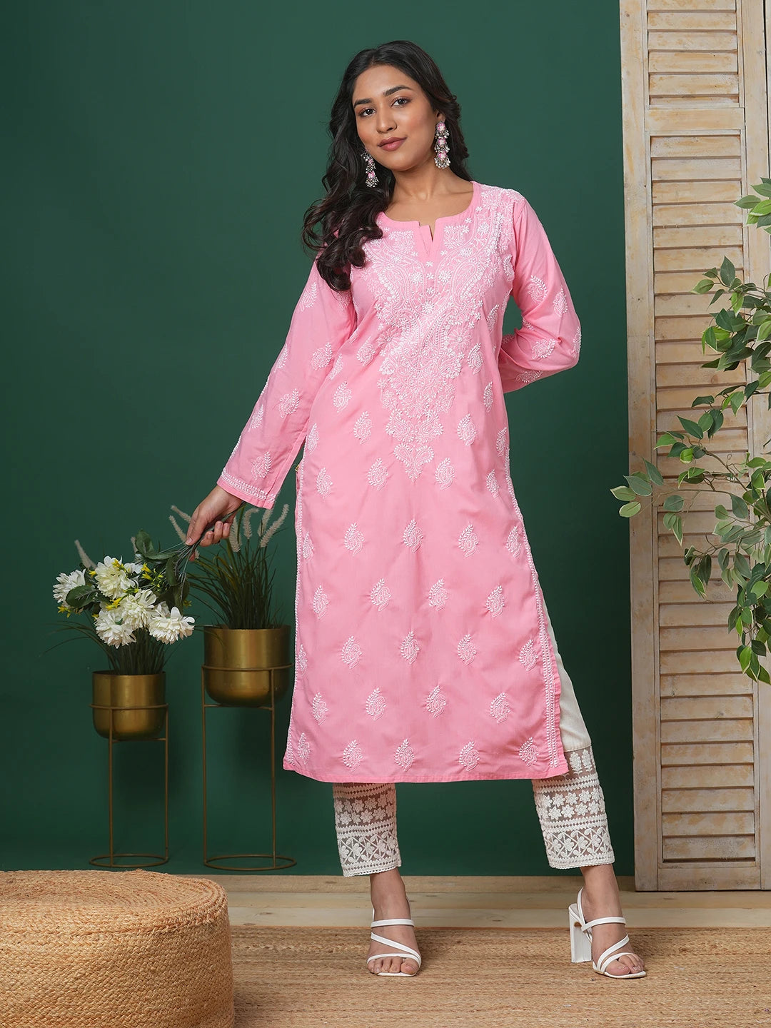 Ada Hand Embroidered Dark Peach Cotton Lucknowi Chikankari Straight Kurta A411693