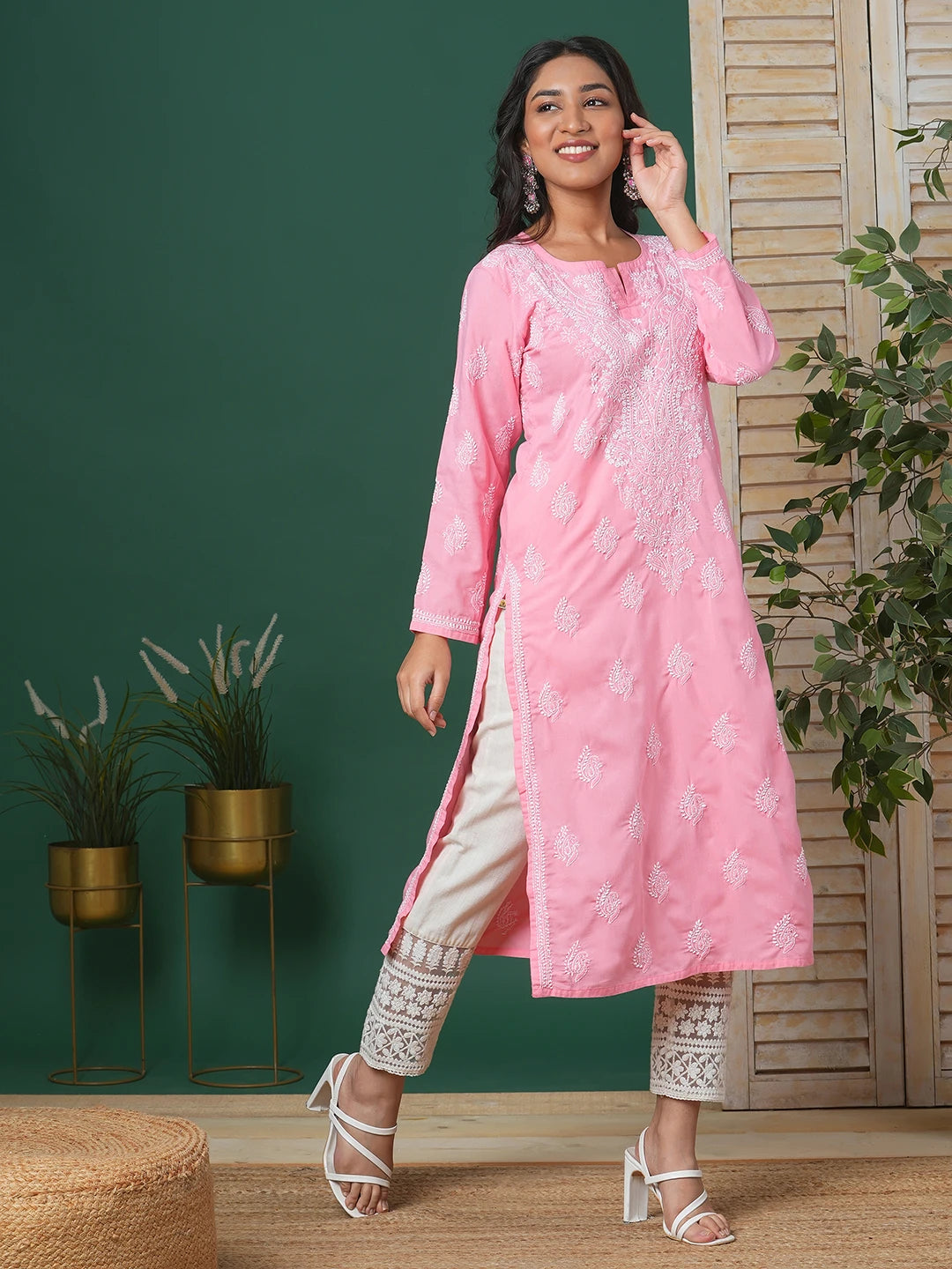 Ada Hand Embroidered Dark Peach Cotton Lucknowi Chikankari Straight Kurta A411693