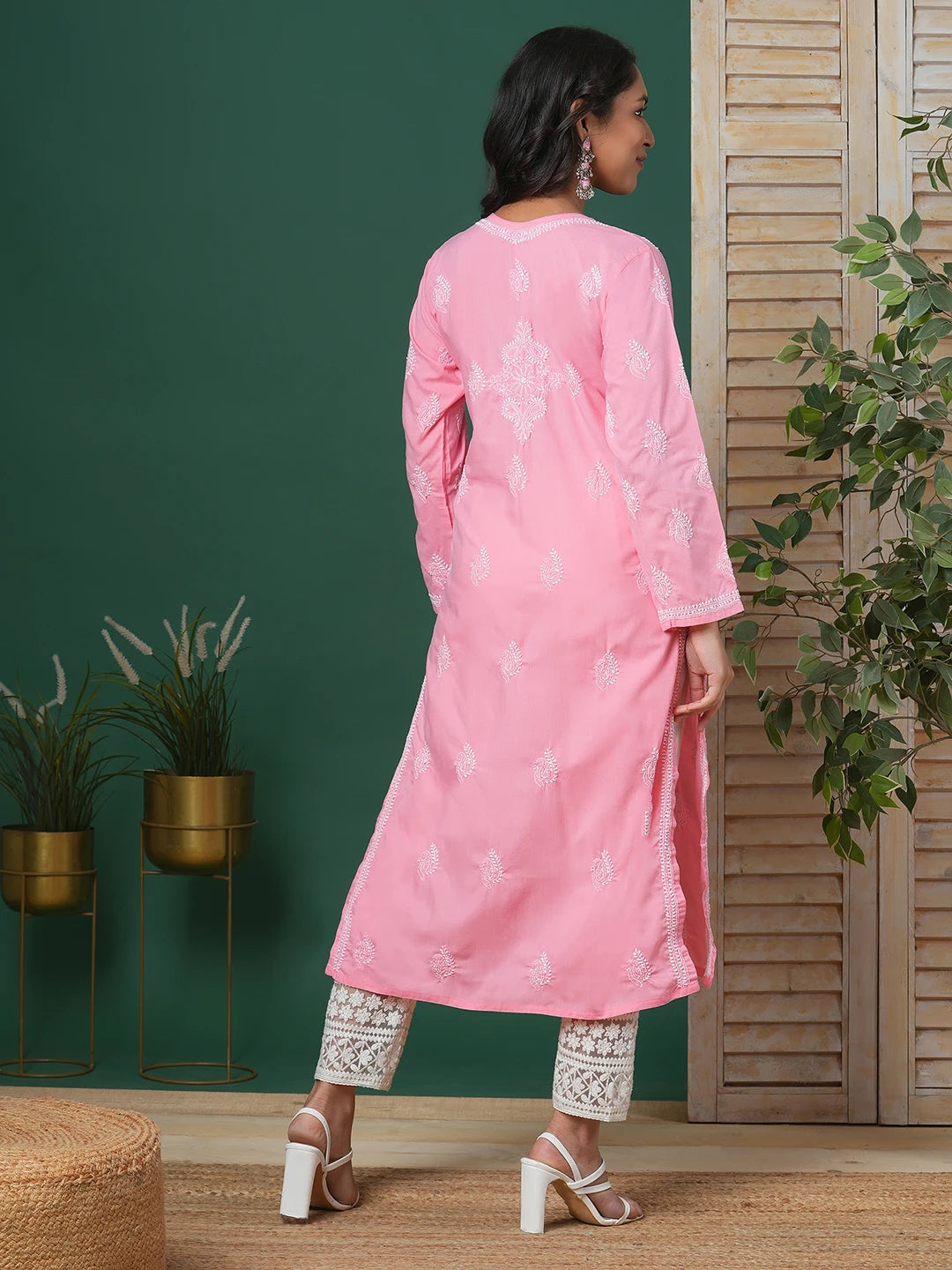 Ada Hand Embroidered Dark Peach Cotton Lucknowi Chikankari Straight Kurta A411693