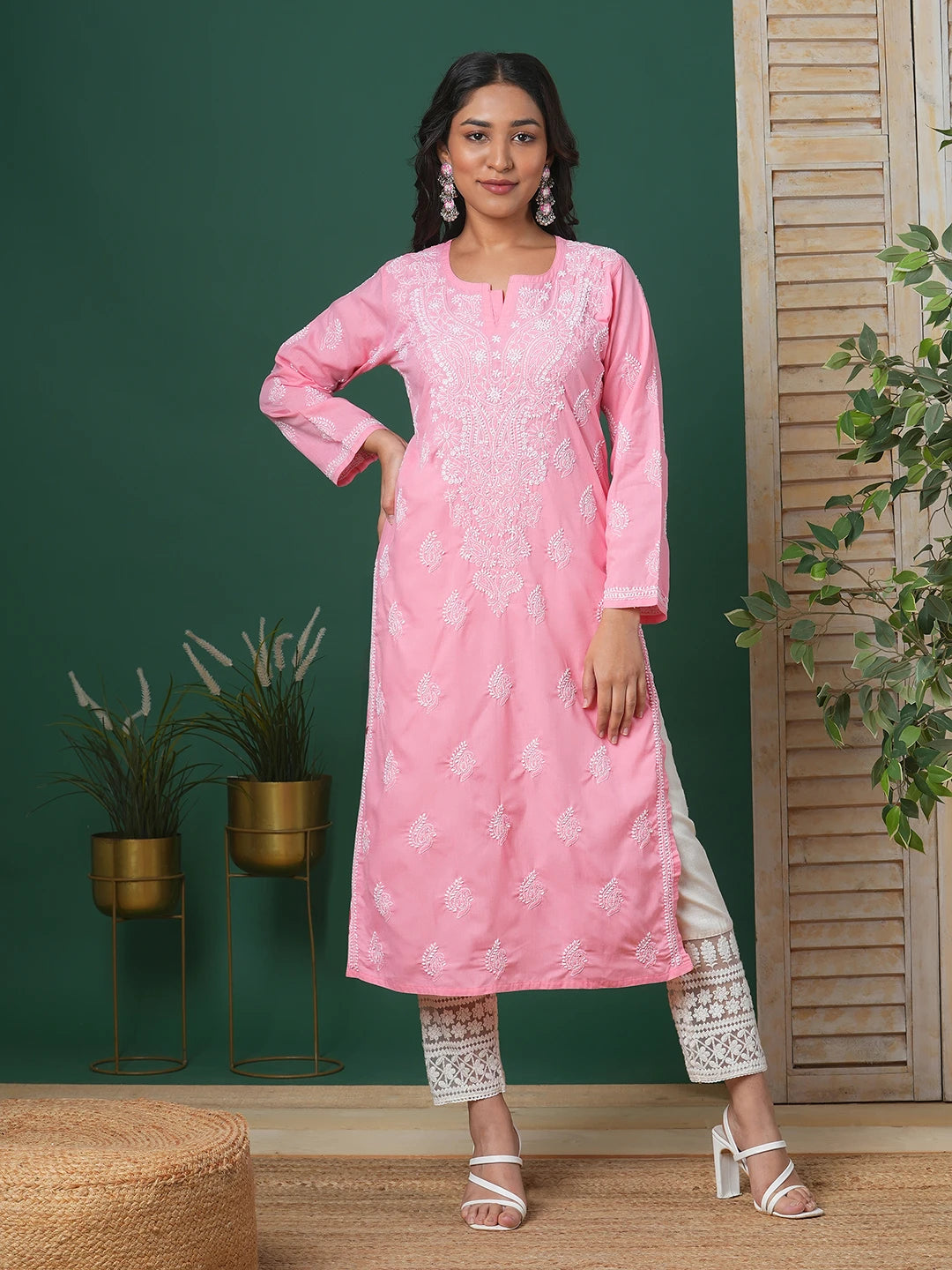 Ada Hand Embroidered Dark Peach Cotton Lucknowi Chikankari Straight Kurta A411693