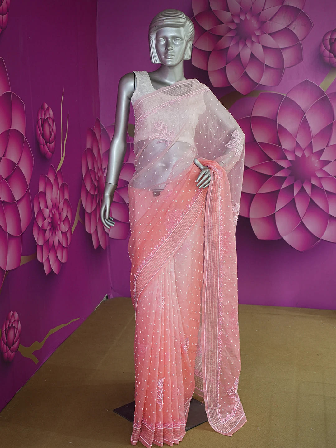 Ada Hand Embroidered Ombre Shade of White & Georgia Peach Organza Lucknowi Chikankari Saree With Blouse And Sequinned Work 01A622300