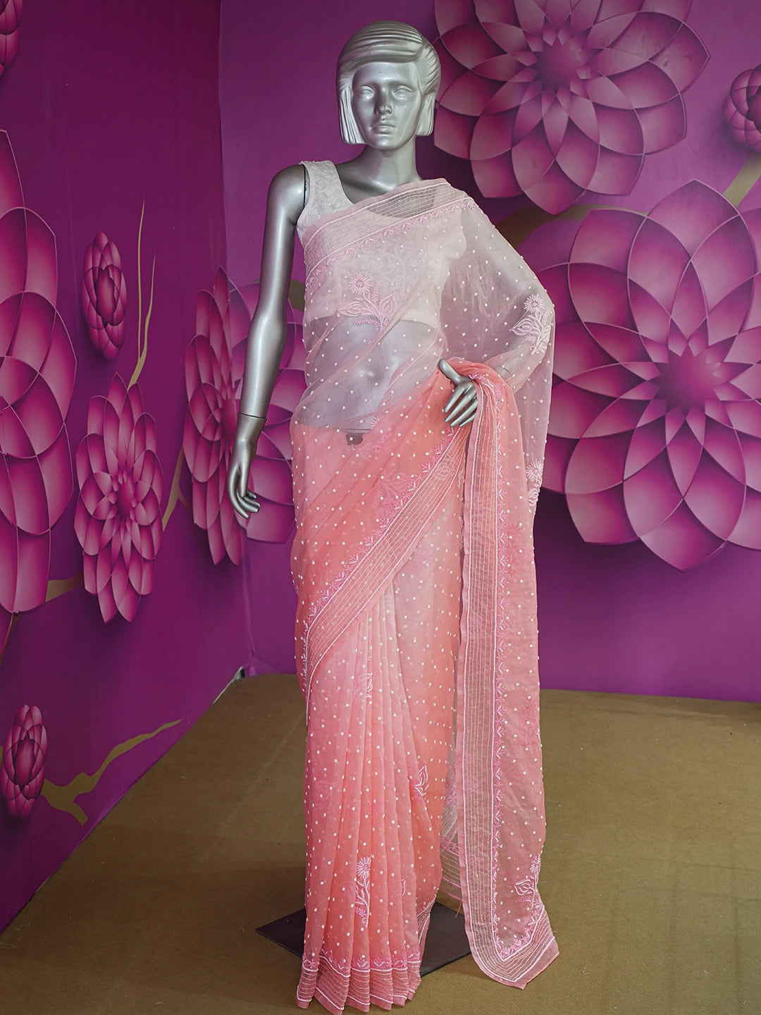 Ada Hand Embroidered Ombre Shade of White & Georgia Peach Organza Lucknowi Chikankari Saree With Blouse And Sequinned Work 01A622300