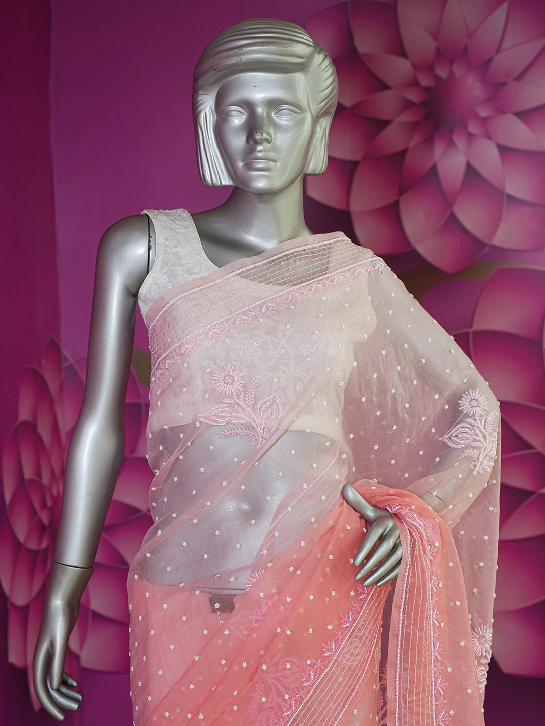 Ada Hand Embroidered Ombre Shade of White & Georgia Peach Organza Lucknowi Chikankari Saree With Blouse And Sequinned Work 01A622300