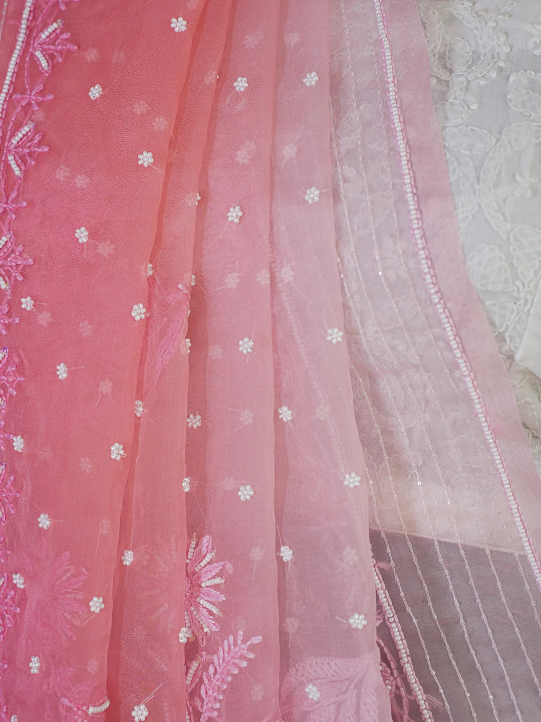 Ada Hand Embroidered Ombre Shade of White & Georgia Peach Organza Lucknowi Chikankari Saree With Blouse And Sequinned Work 01A622300