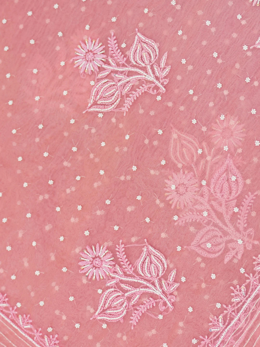Ada Hand Embroidered Ombre Shade of White & Georgia Peach Organza Lucknowi Chikankari Saree With Blouse And Sequinned Work 01A622300