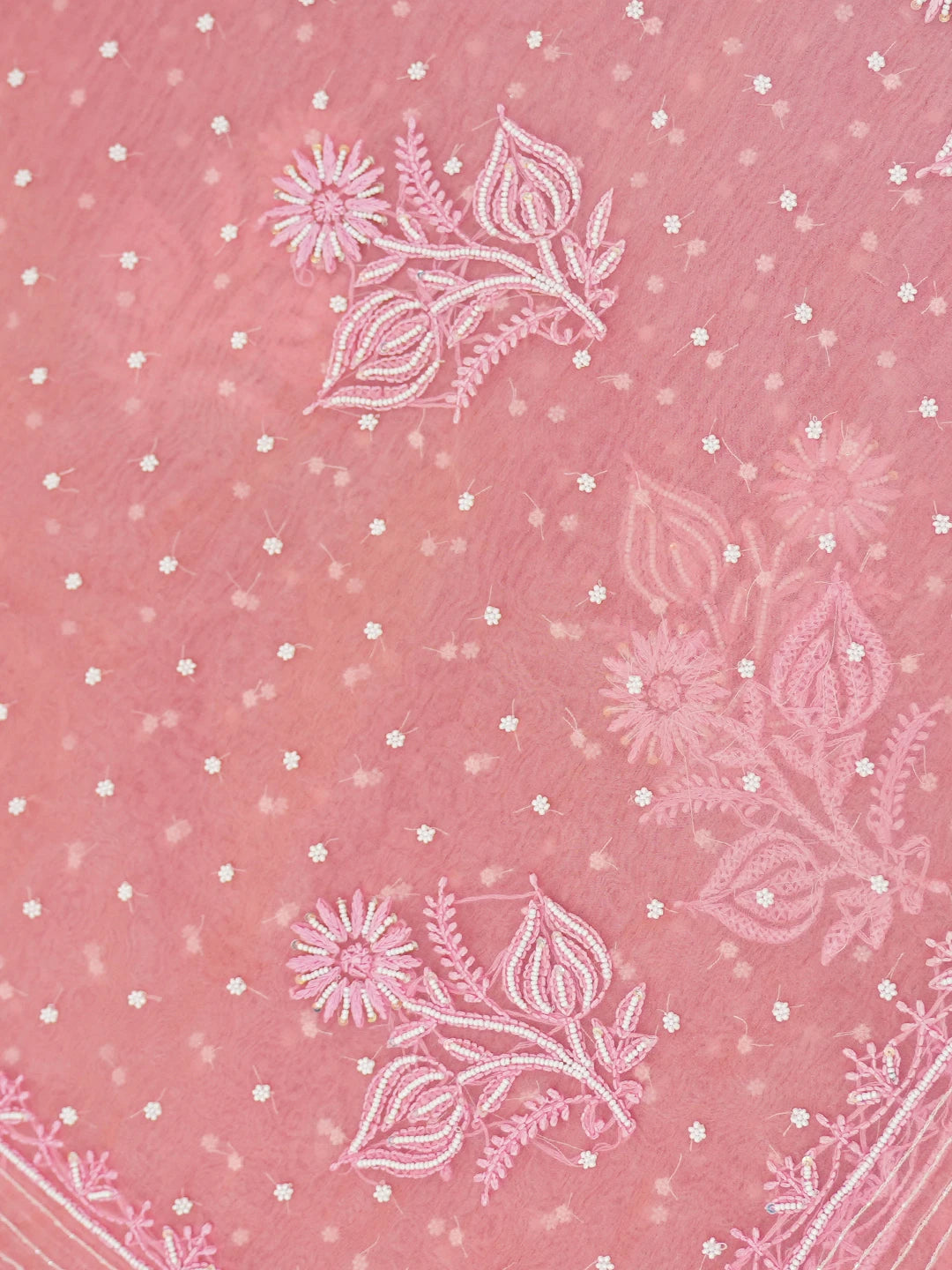 Ada Hand Embroidered Ombre Shade of White & Georgia Peach Organza Lucknowi Chikankari Saree With Blouse And Sequinned Work 01A622300