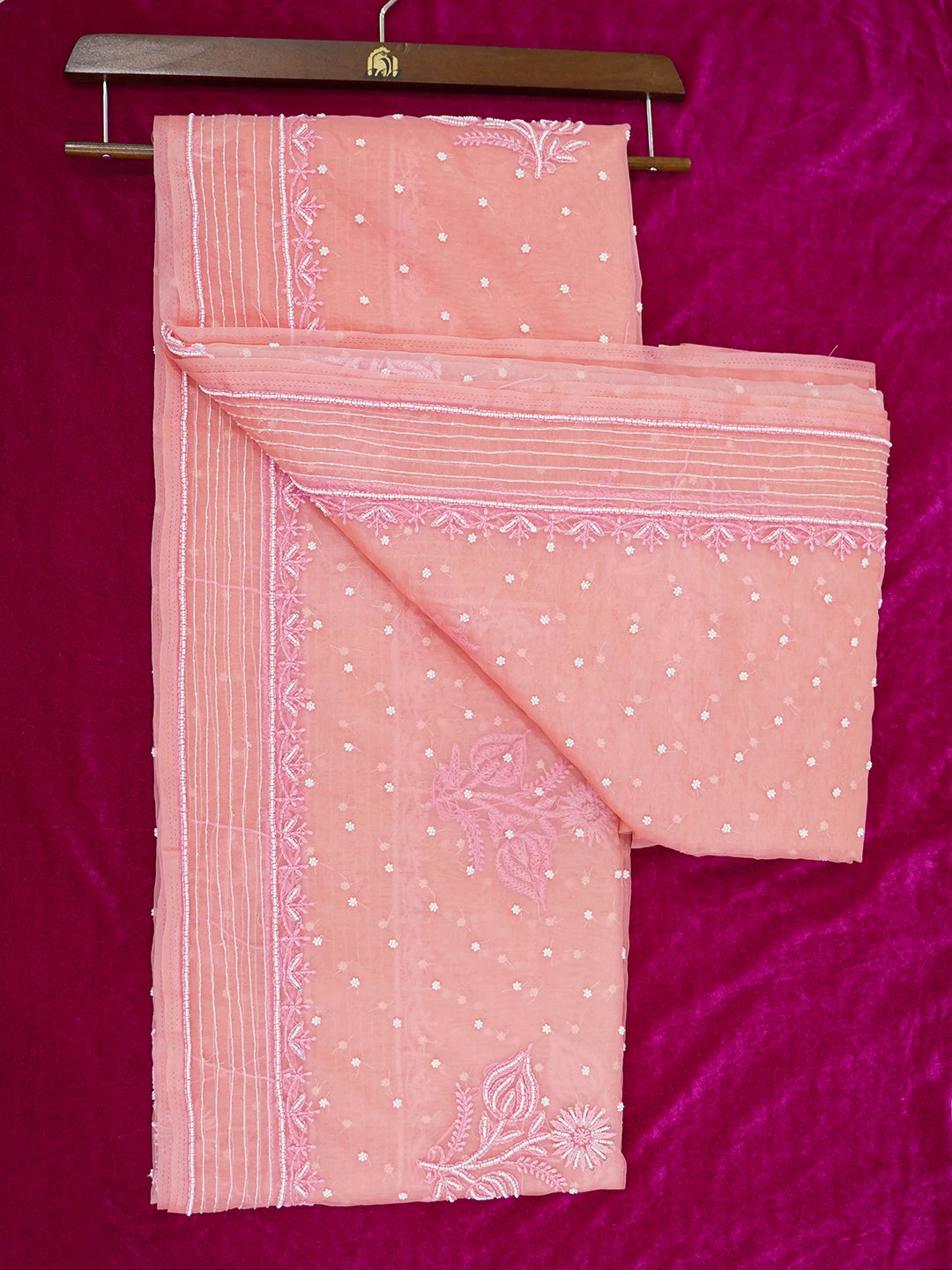 Ada Hand Embroidered Ombre Shade of White & Georgia Peach Organza Lucknowi Chikankari Saree With Blouse And Sequinned Work 01A622300