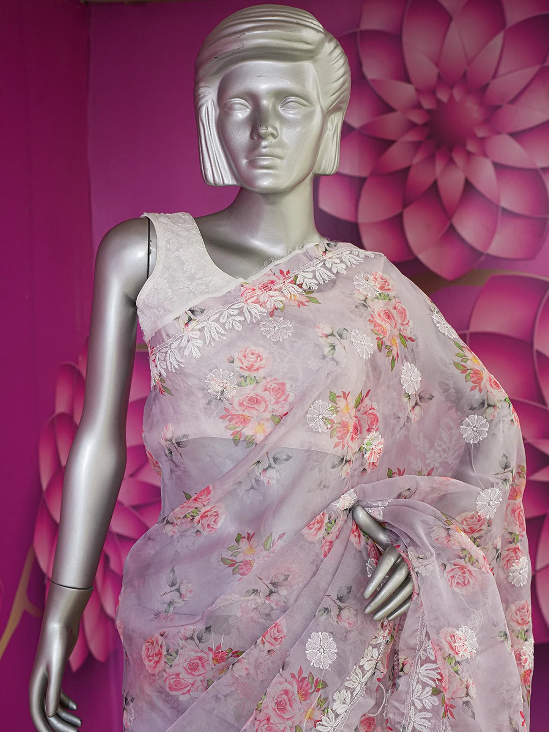 Ada Hand Embroidered Mauve Organza Floral Printed Lucknowi Chikankari Saree and Blouse 01A641863