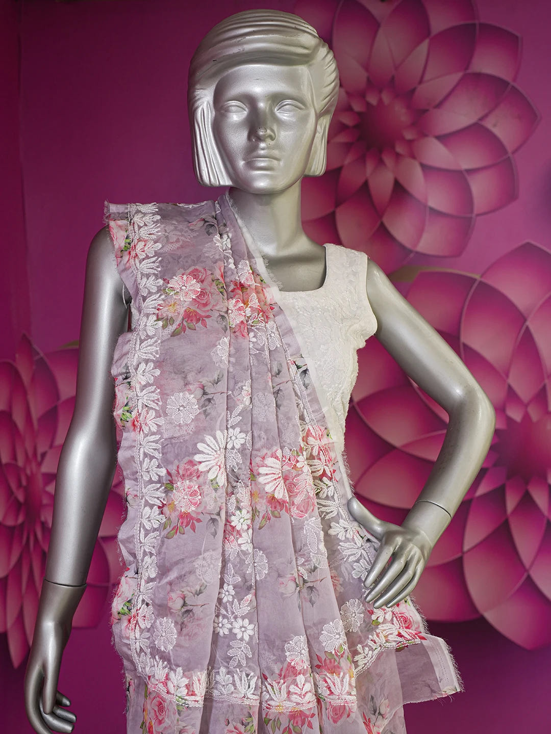Ada Hand Embroidered Mauve Organza Floral Printed Lucknowi Chikankari Saree and Blouse 01A641863