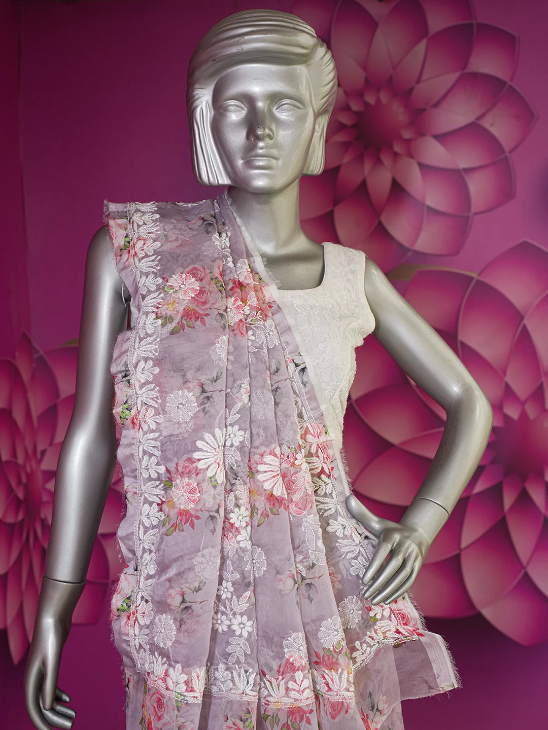 Ada Hand Embroidered Mauve Organza Floral Printed Lucknowi Chikankari Saree and Blouse 01A641863