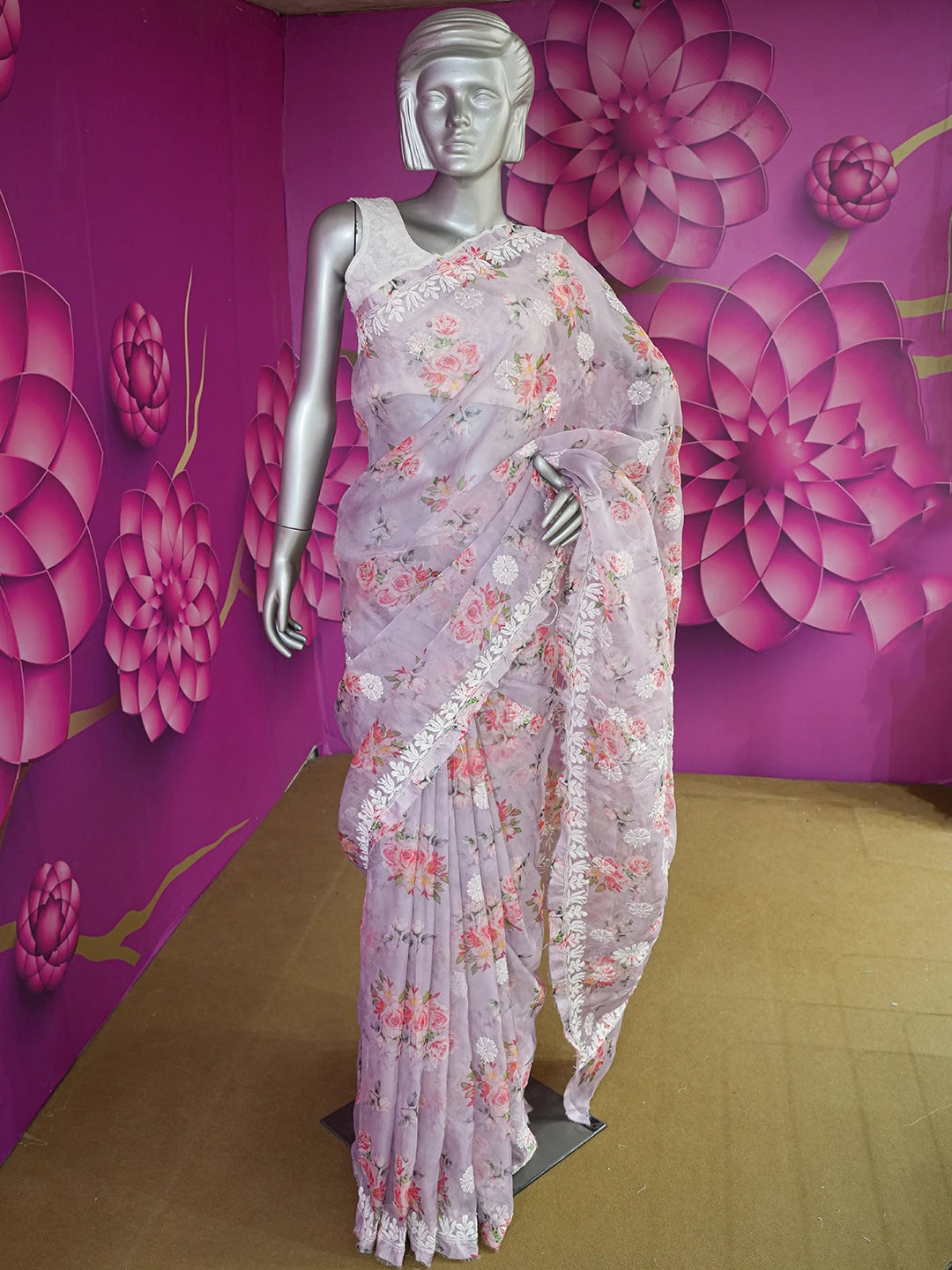 Ada Hand Embroidered Mauve Organza Floral Printed Lucknowi Chikankari Saree and Blouse 01A641863