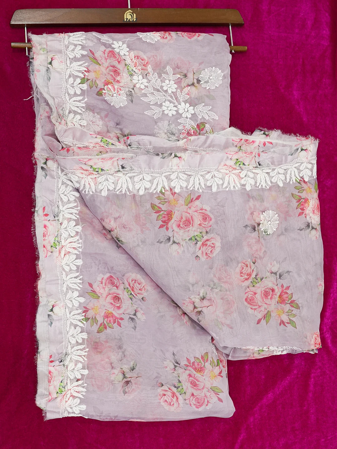 Ada Hand Embroidered Mauve Organza Floral Printed Lucknowi Chikankari Saree and Blouse 01A641863