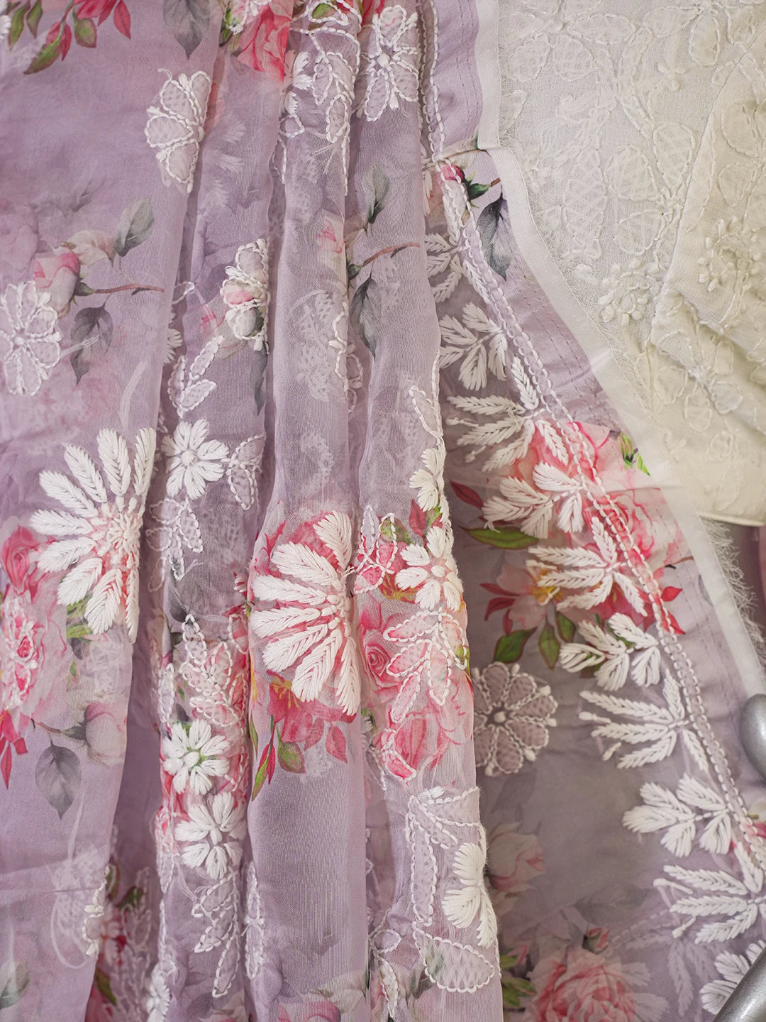 Ada Hand Embroidered Mauve Organza Floral Printed Lucknowi Chikankari Saree and Blouse 01A641863
