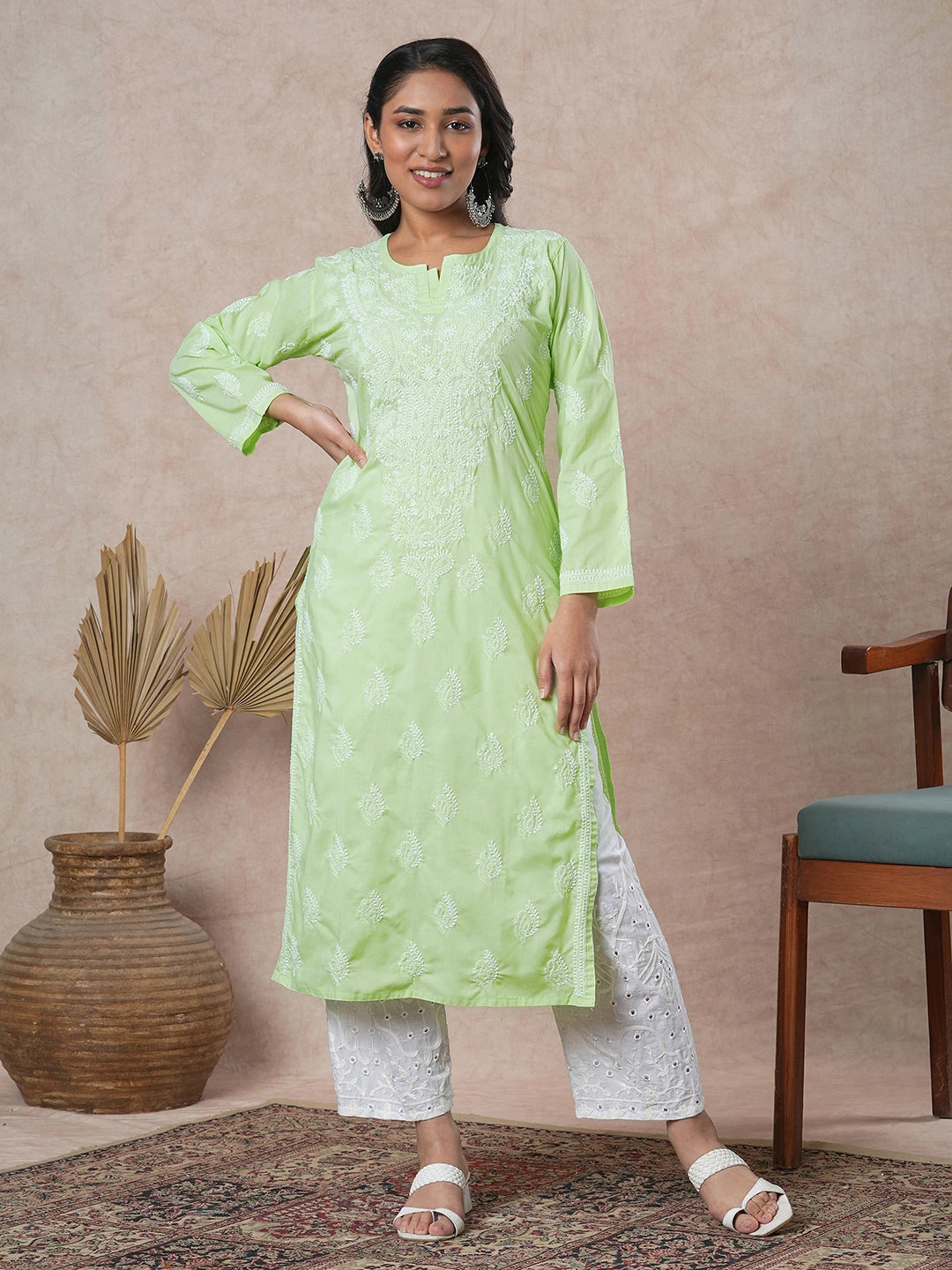 Ada Hand Embroidered Lime Green Cotton Lucknowi Chikankari Straight Kurta A411690