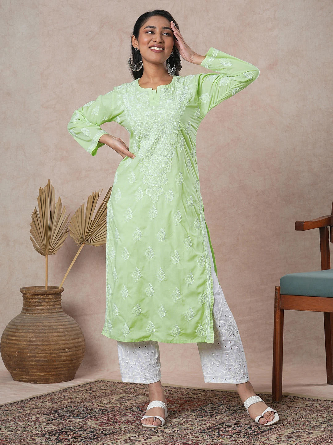 Ada Hand Embroidered Lime Green Cotton Lucknowi Chikankari Straight Kurta A411690