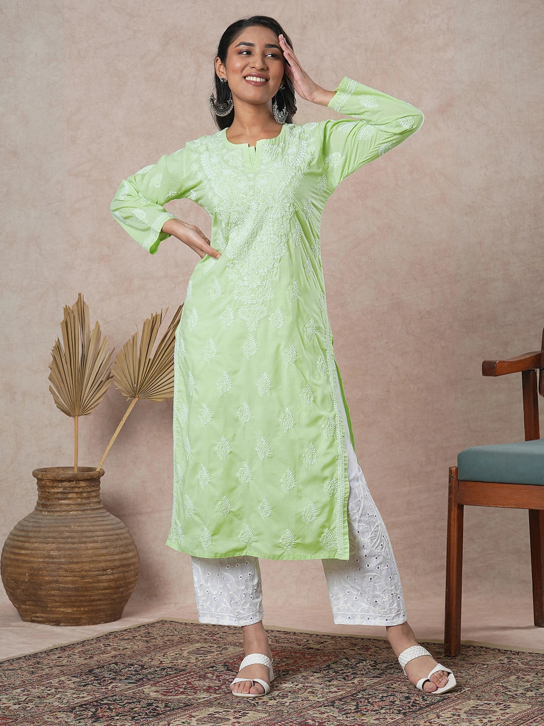 Ada Hand Embroidered Lime Green Cotton Lucknowi Chikankari Straight Kurta A411690
