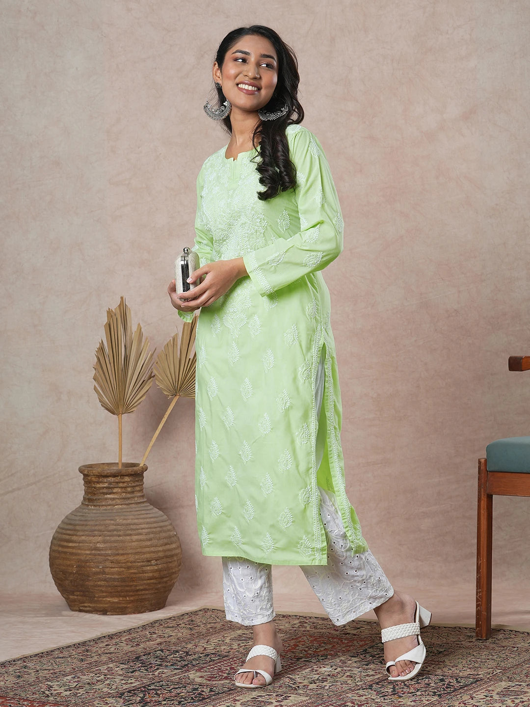 Ada Hand Embroidered Lime Green Cotton Lucknowi Chikankari Straight Kurta A411690