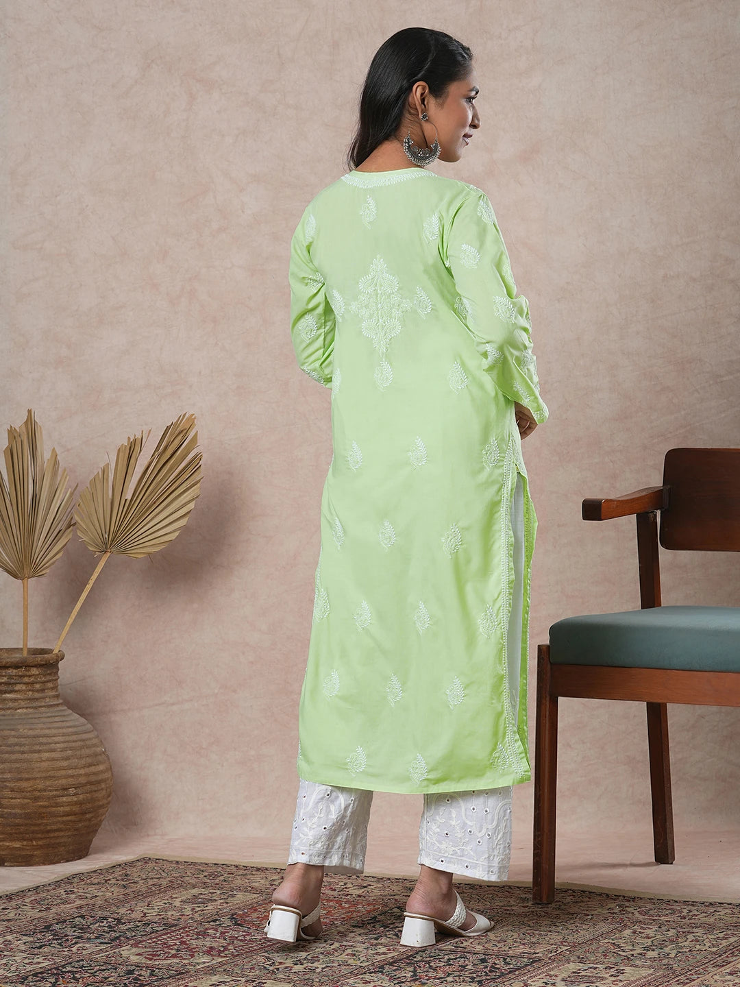 Ada Hand Embroidered Lime Green Cotton Lucknowi Chikankari Straight Kurta A411690
