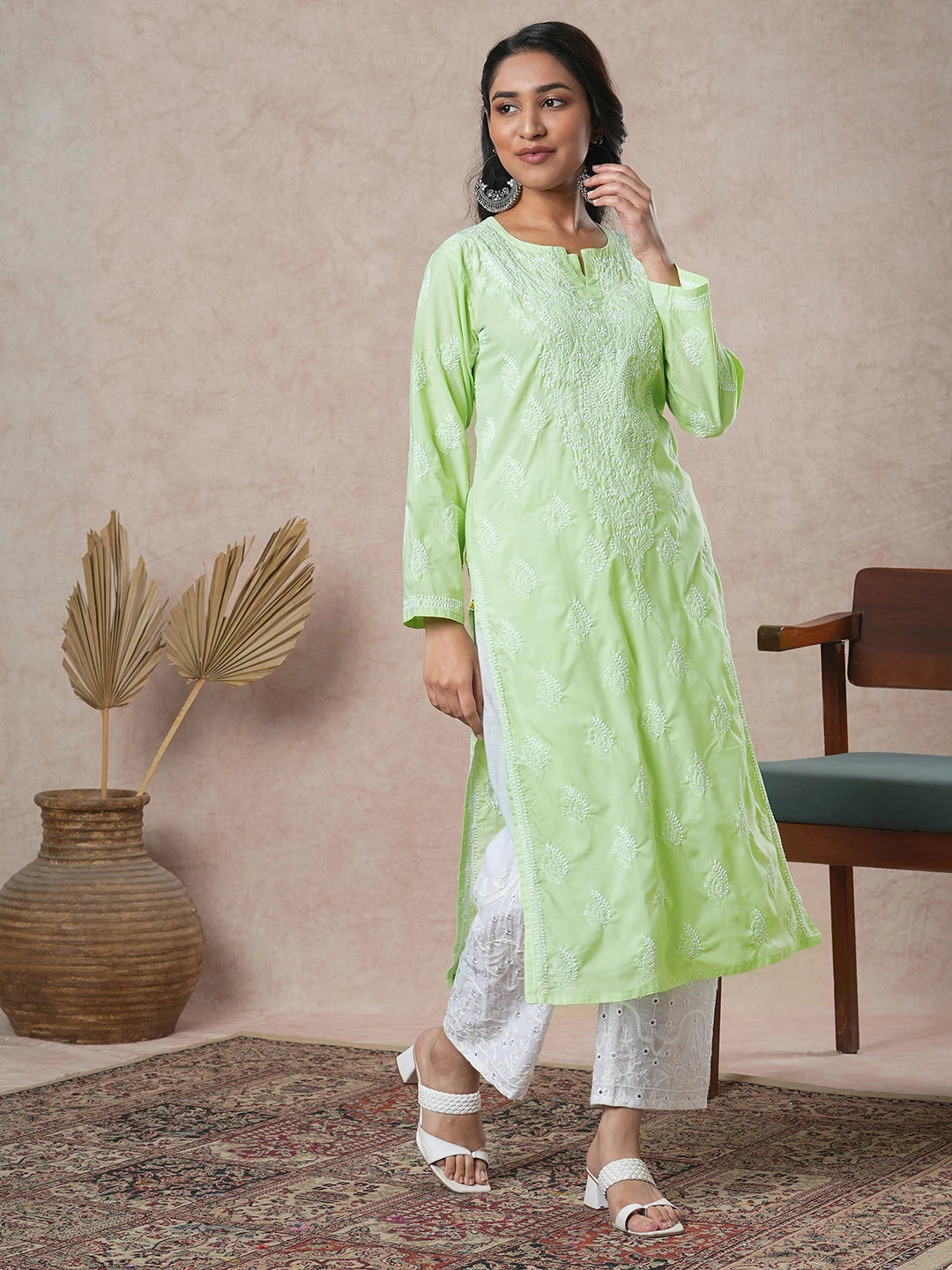 Ada Hand Embroidered Lime Green Cotton Lucknowi Chikankari Straight Kurta A411690