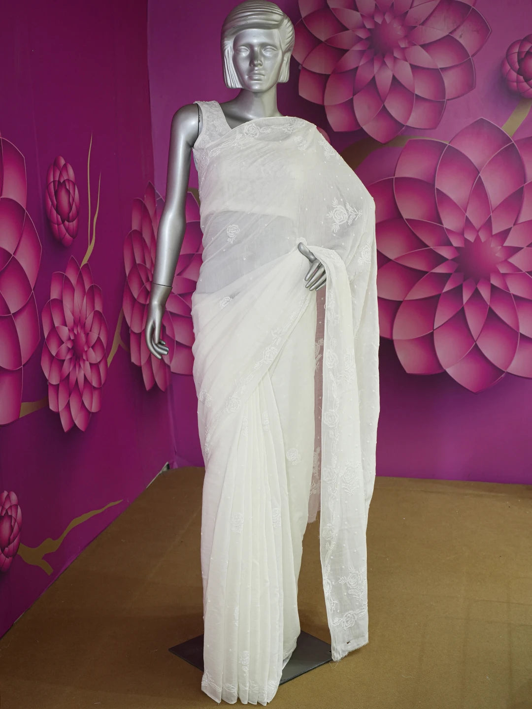 Ada Hand Embroidered White Chanderi Lucknowi Chikankari Saree With Blouse With Cutdana & Pearl Work 01A628022