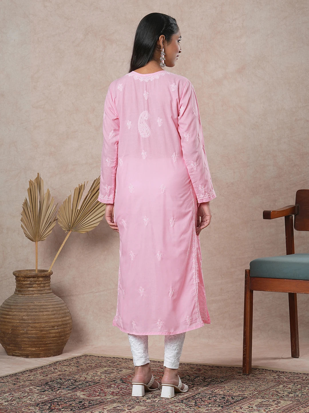 Ada Hand Embroidered Pink Cotton Lucknowi Chikankari Straight Kurta A411680