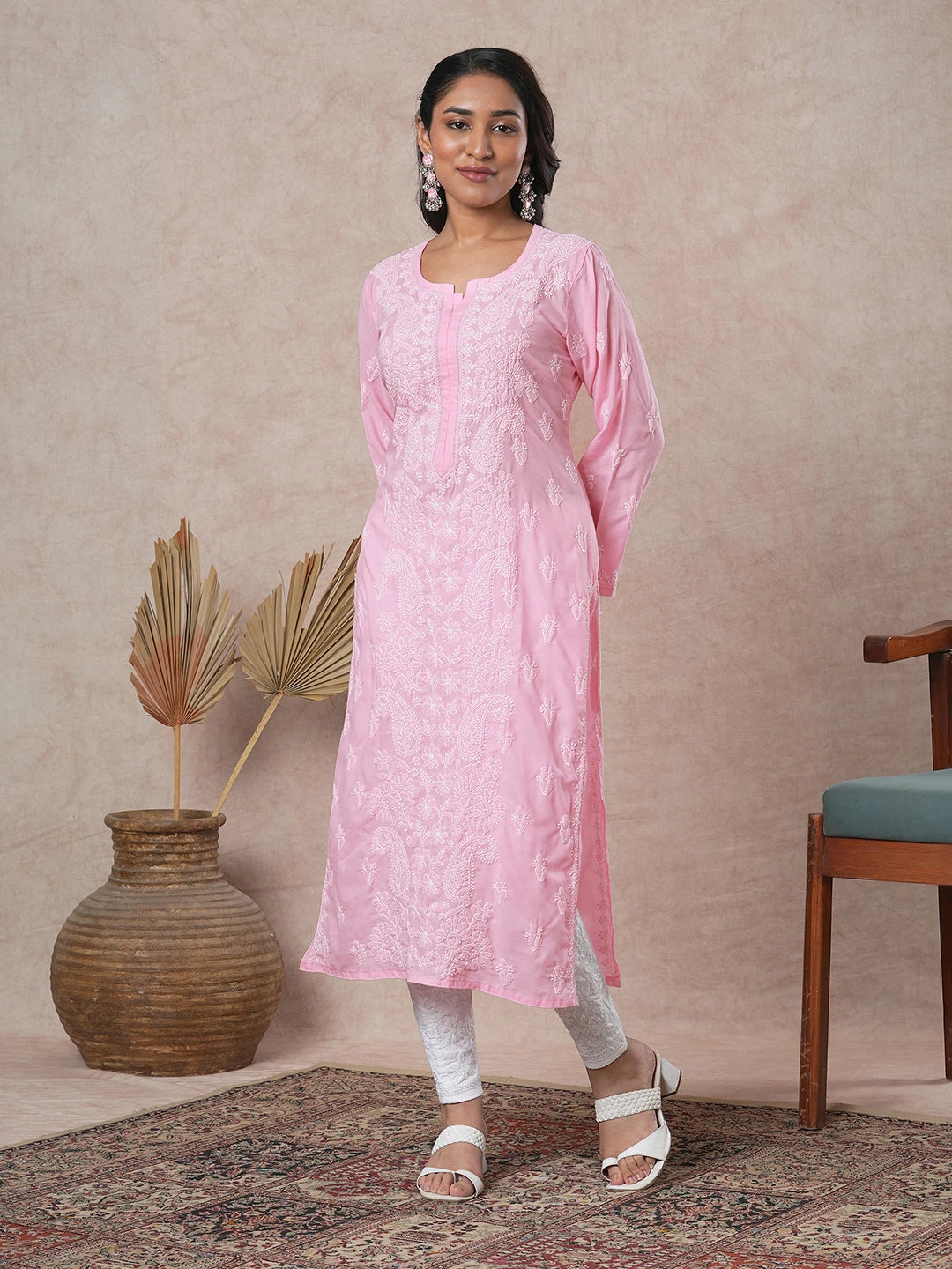 Ada Hand Embroidered Pink Cotton Lucknowi Chikankari Straight Kurta A411680