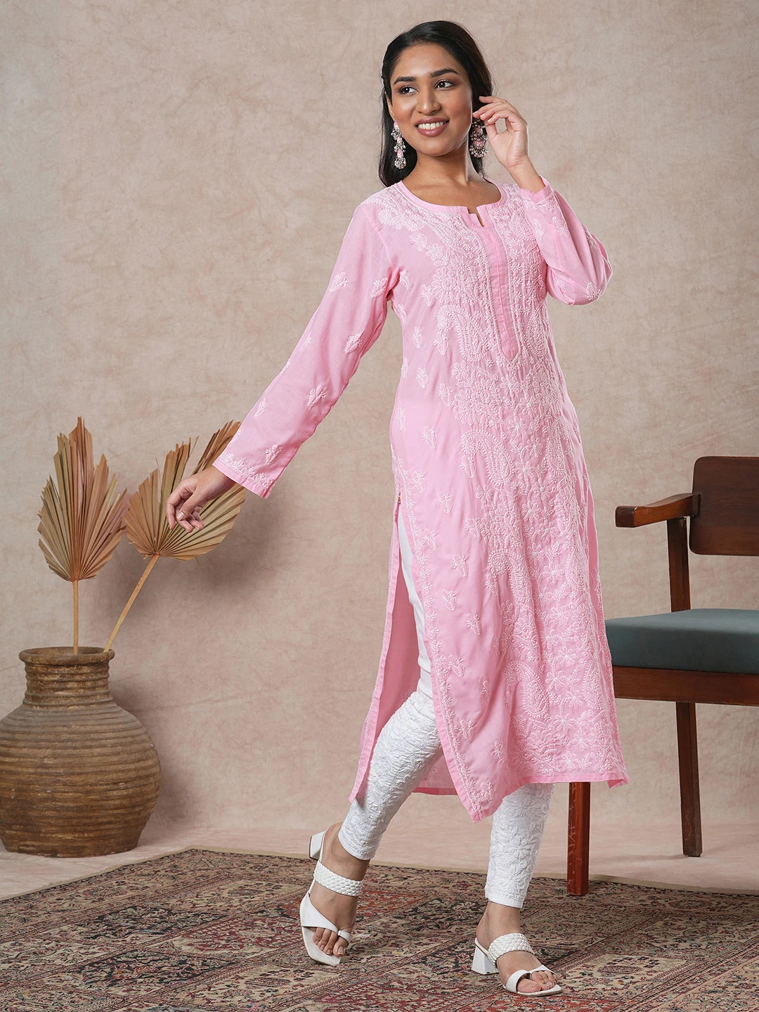 Ada Hand Embroidered Pink Cotton Lucknowi Chikankari Straight Kurta A411680