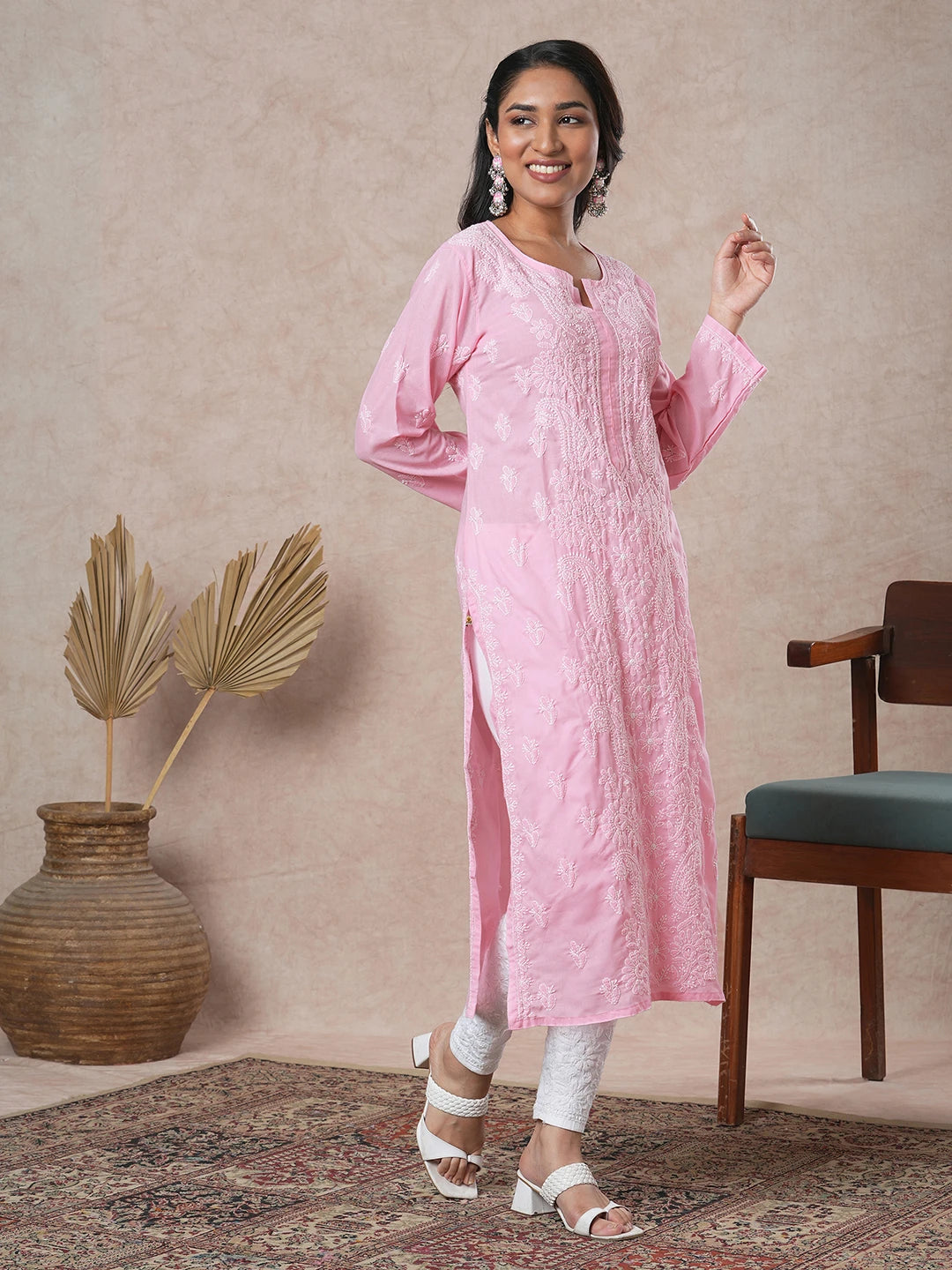 Ada Hand Embroidered Pink Cotton Lucknowi Chikankari Straight Kurta A411680