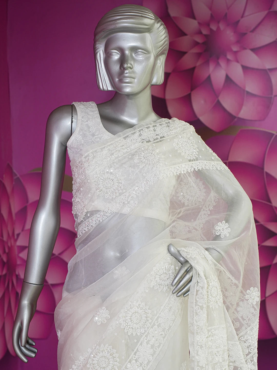 Ada Hand Embroidered Anti -flash White Organza Lucknowi Chikankari Saree and Blouse With Sequinned Work 01A546619