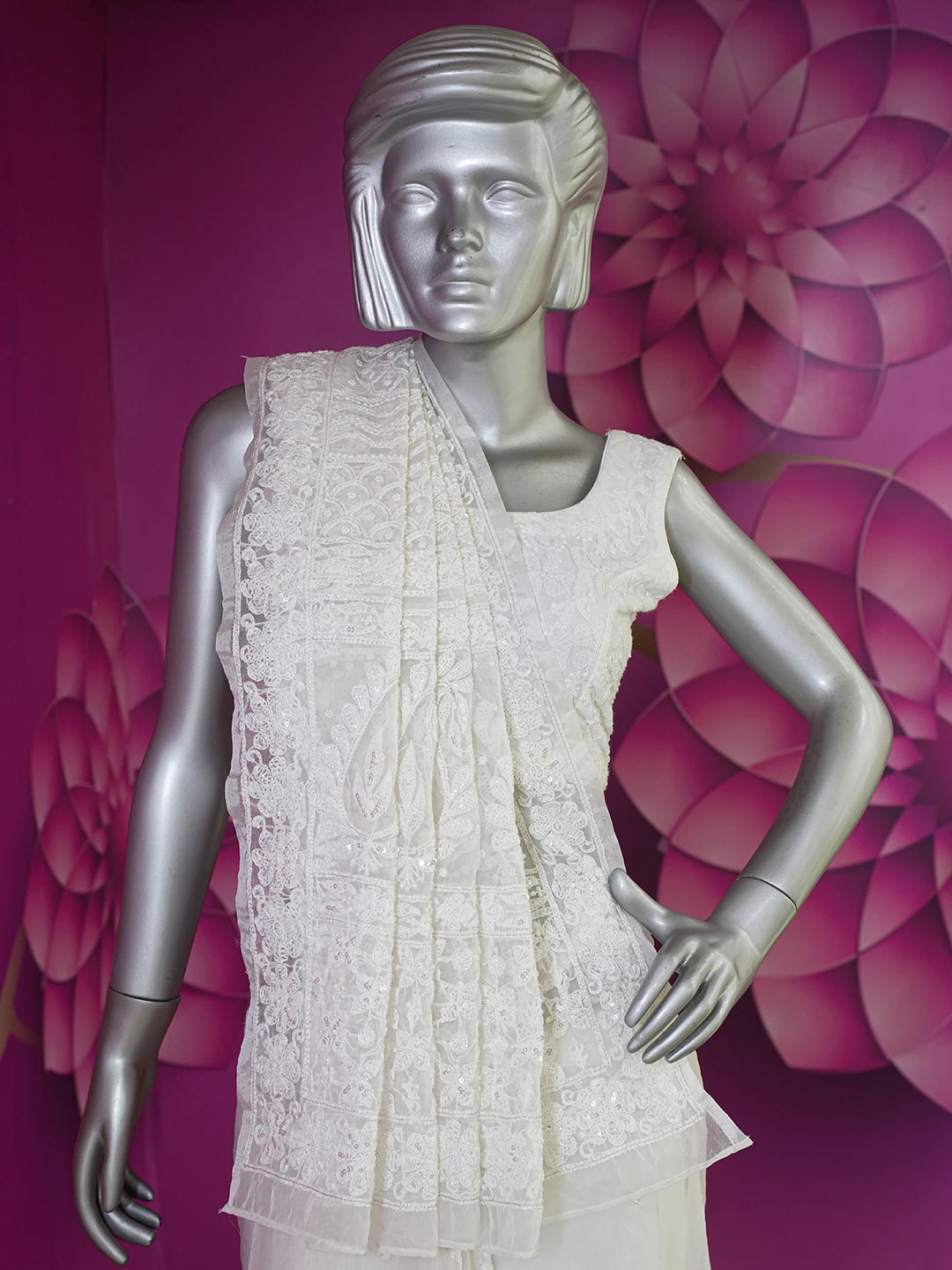 Ada Hand Embroidered Anti -flash White Organza Lucknowi Chikankari Saree and Blouse With Sequinned Work 01A546619