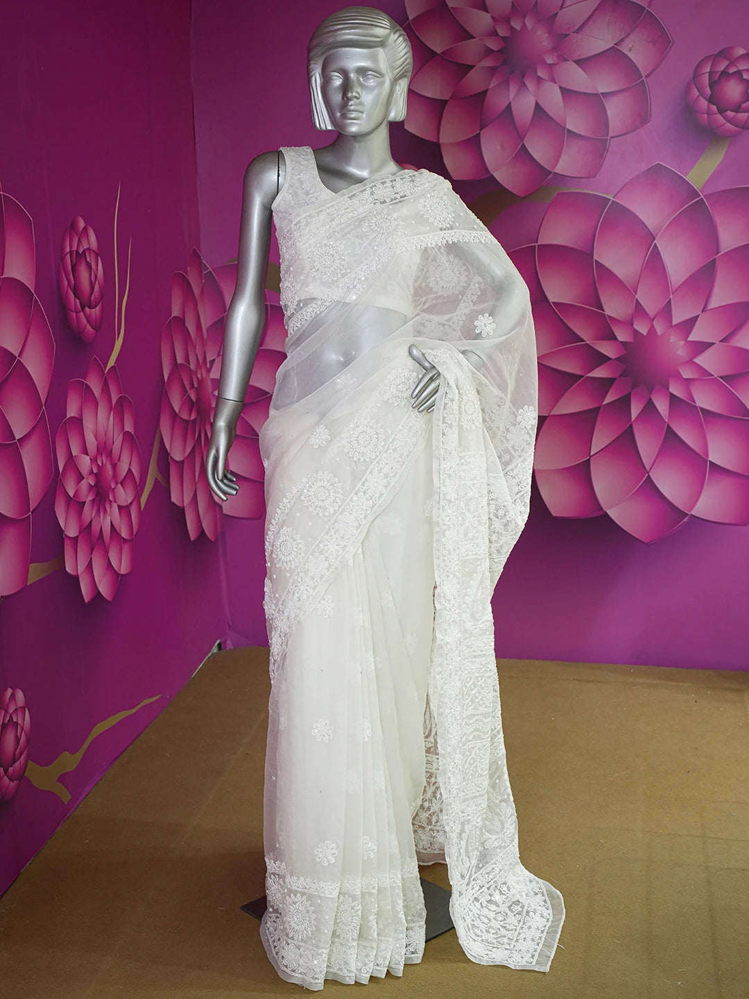 Ada Hand Embroidered Anti -flash White Organza Lucknowi Chikankari Saree and Blouse With Sequinned Work 01A546619