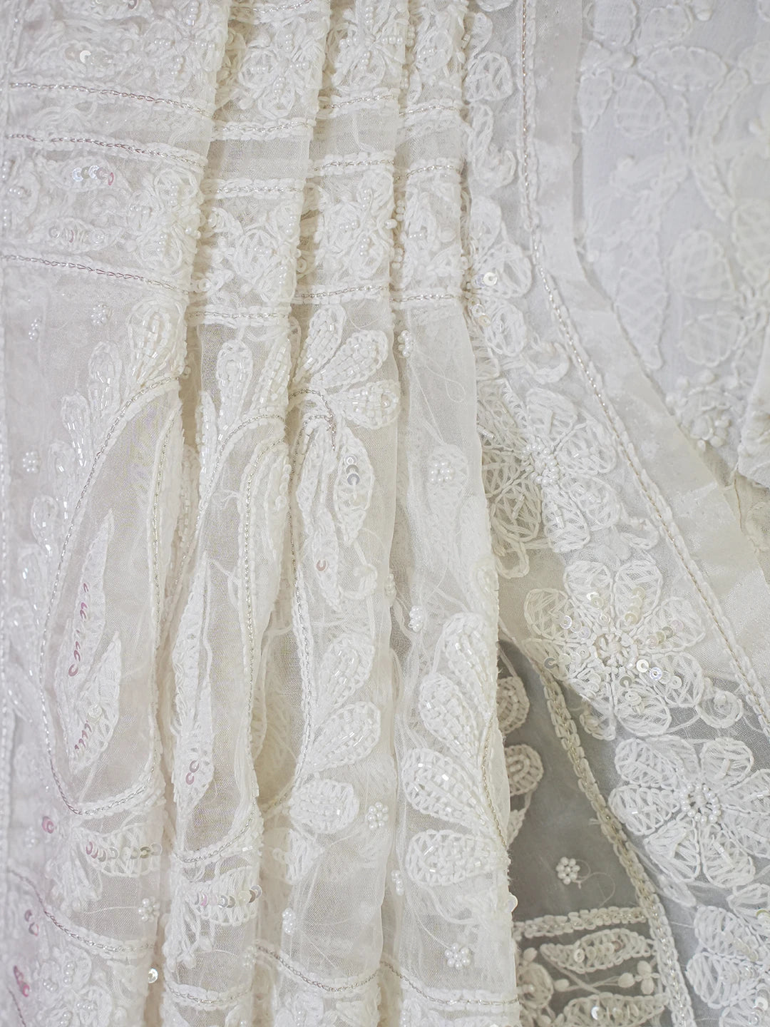 Ada Hand Embroidered Anti -flash White Organza Lucknowi Chikankari Saree and Blouse With Sequinned Work 01A546619
