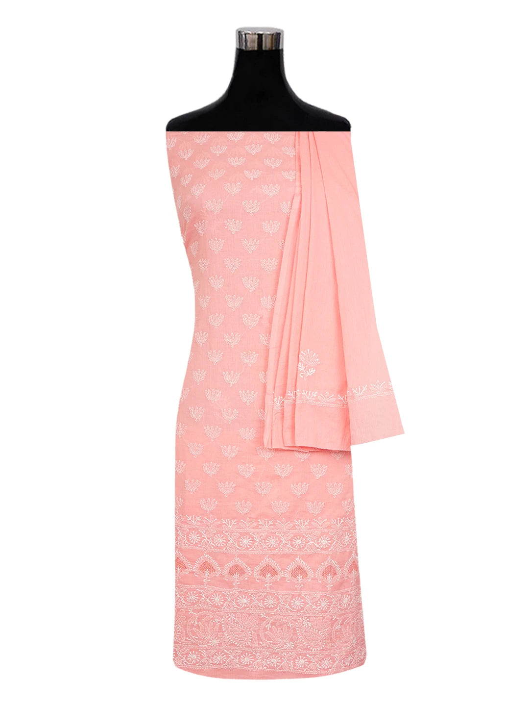 Ada Hand Embroidered Peach Cotton Lucknowi Chikankari Unstitched Suit Piece 01A638853
