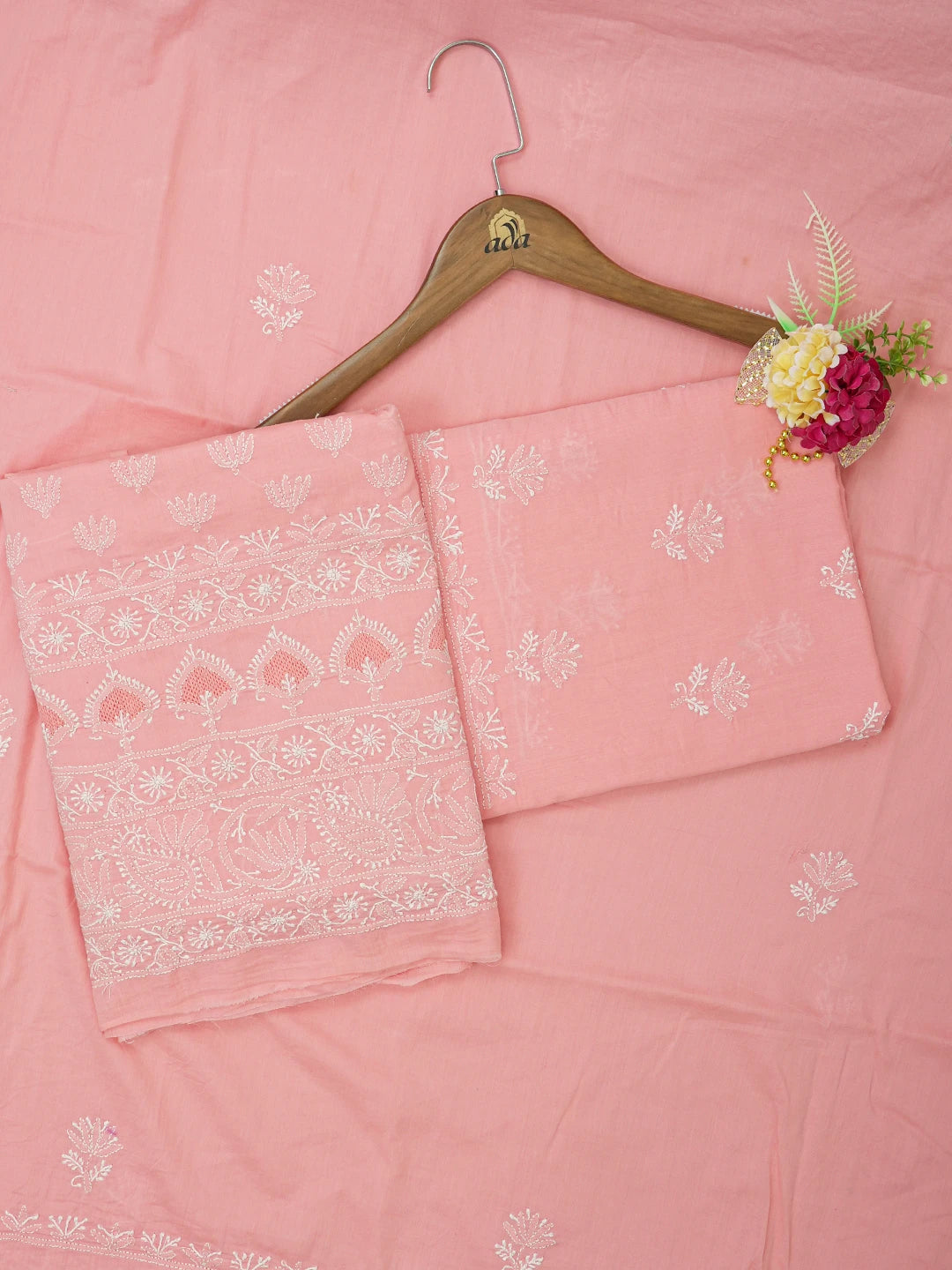 Ada Hand Embroidered Peach Cotton Lucknowi Chikankari Unstitched Suit Piece 01A638853