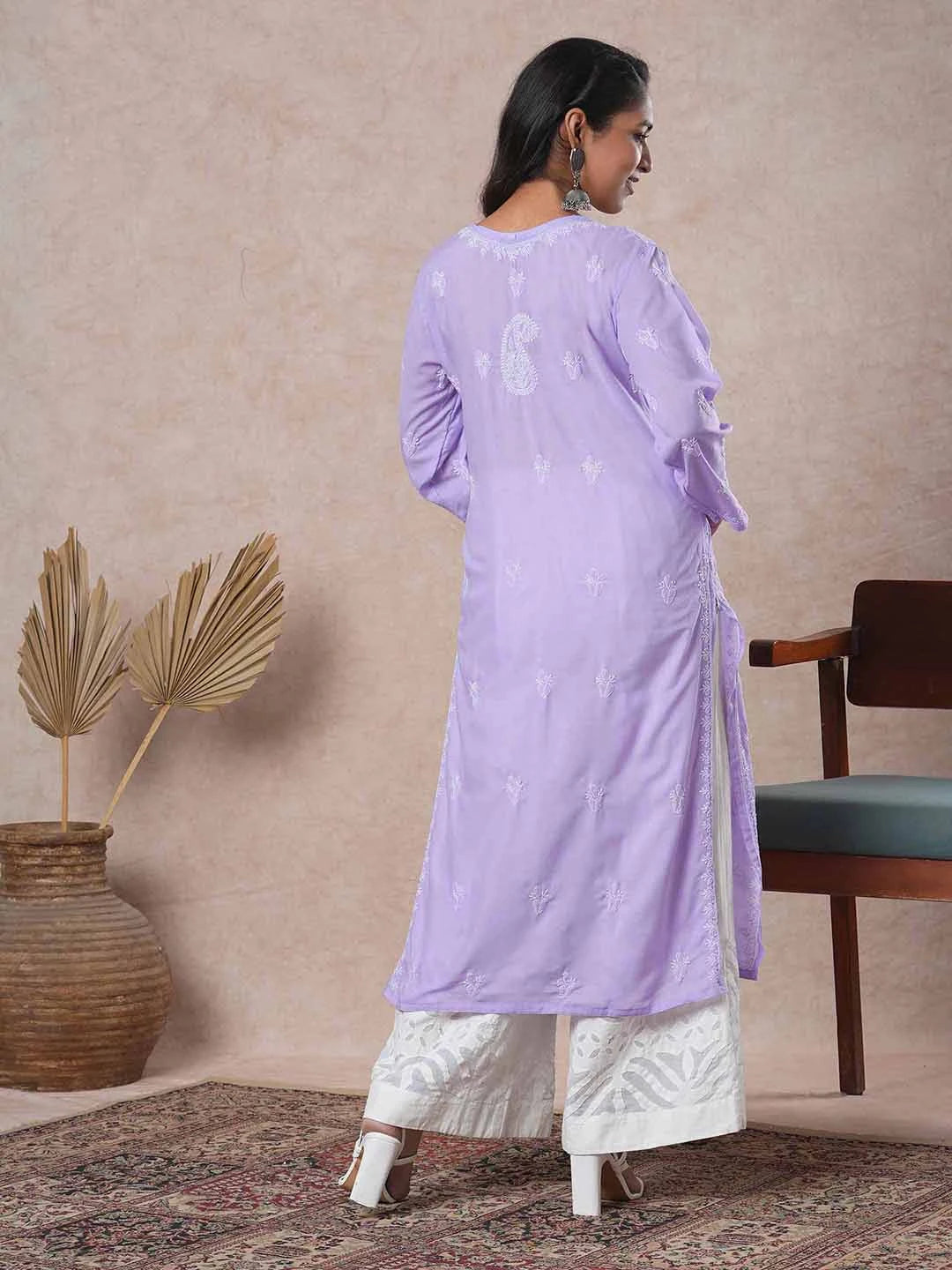 Ada Hand Embroidered Mauve Cotton Lucknowi Chikankari Straight Kurta A411677