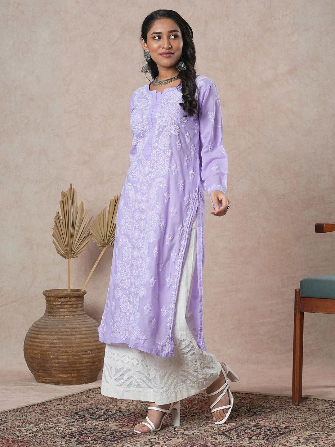 Ada Hand Embroidered Mauve Cotton Lucknowi Chikankari Straight Kurta A411677