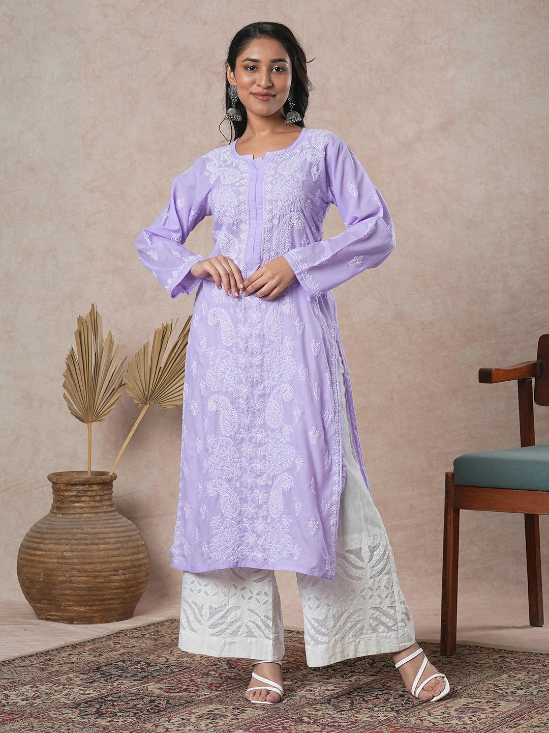 Ada Hand Embroidered Mauve Cotton Lucknowi Chikankari Straight Kurta A411677