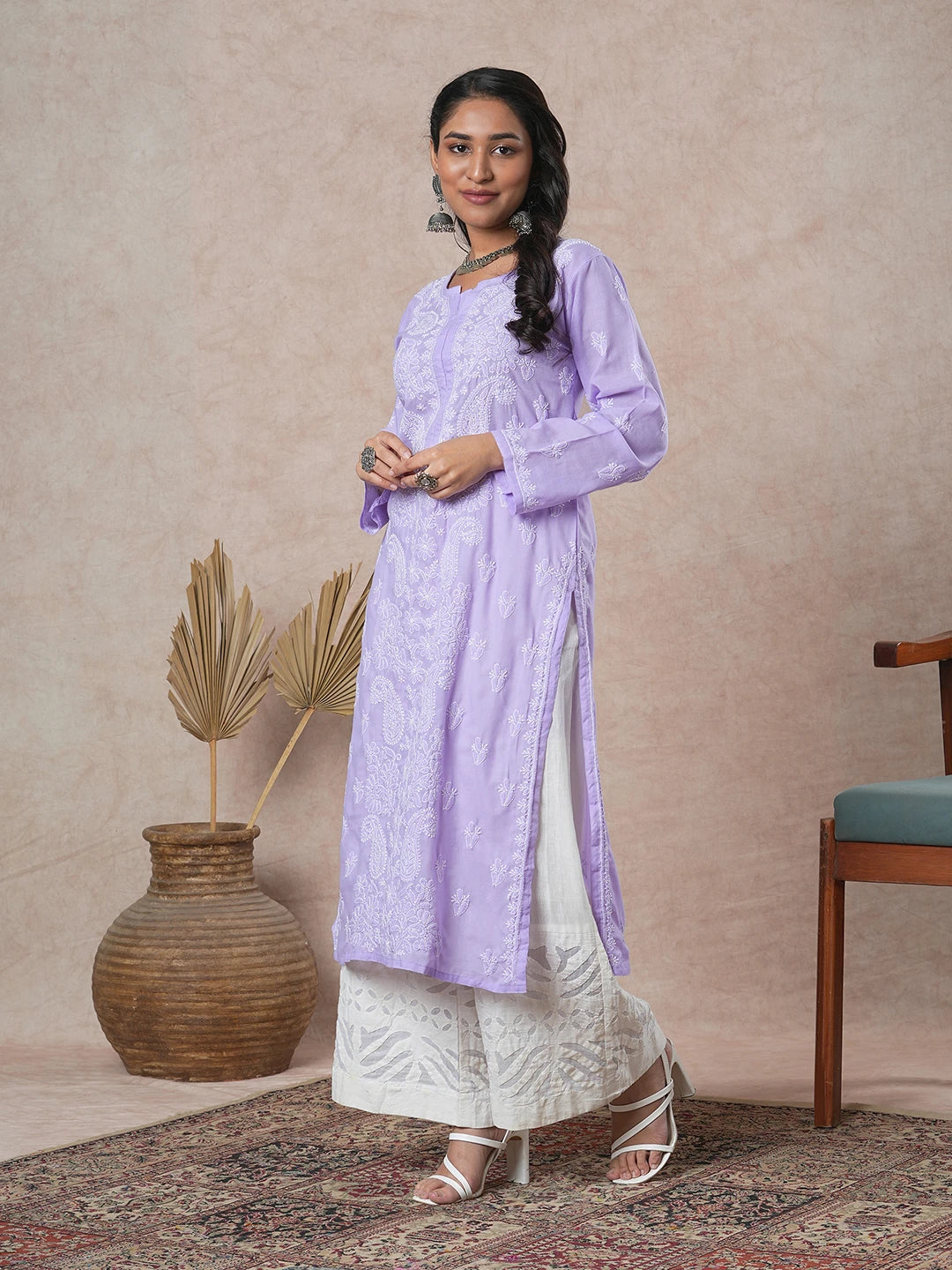 Ada Hand Embroidered Mauve Cotton Lucknowi Chikankari Straight Kurta A411677