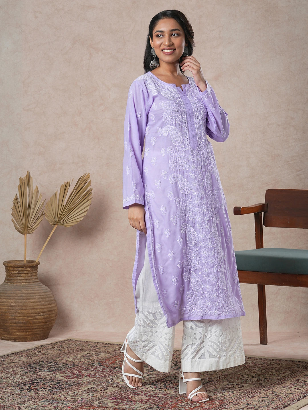 Ada Hand Embroidered Mauve Cotton Lucknowi Chikankari Straight Kurta A411677